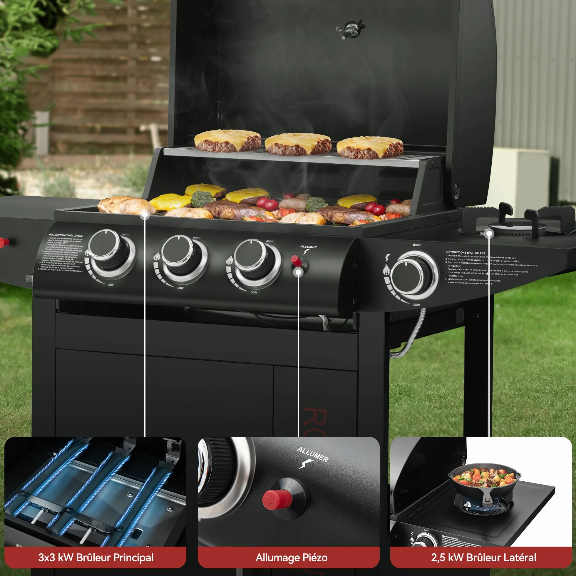 Royal Gourmet Barbecue Gaz 3+1 Brûleurs Acier Inoxydable Gril sur Chariot 11,5 KW avec Tablette Thermomètre Noir