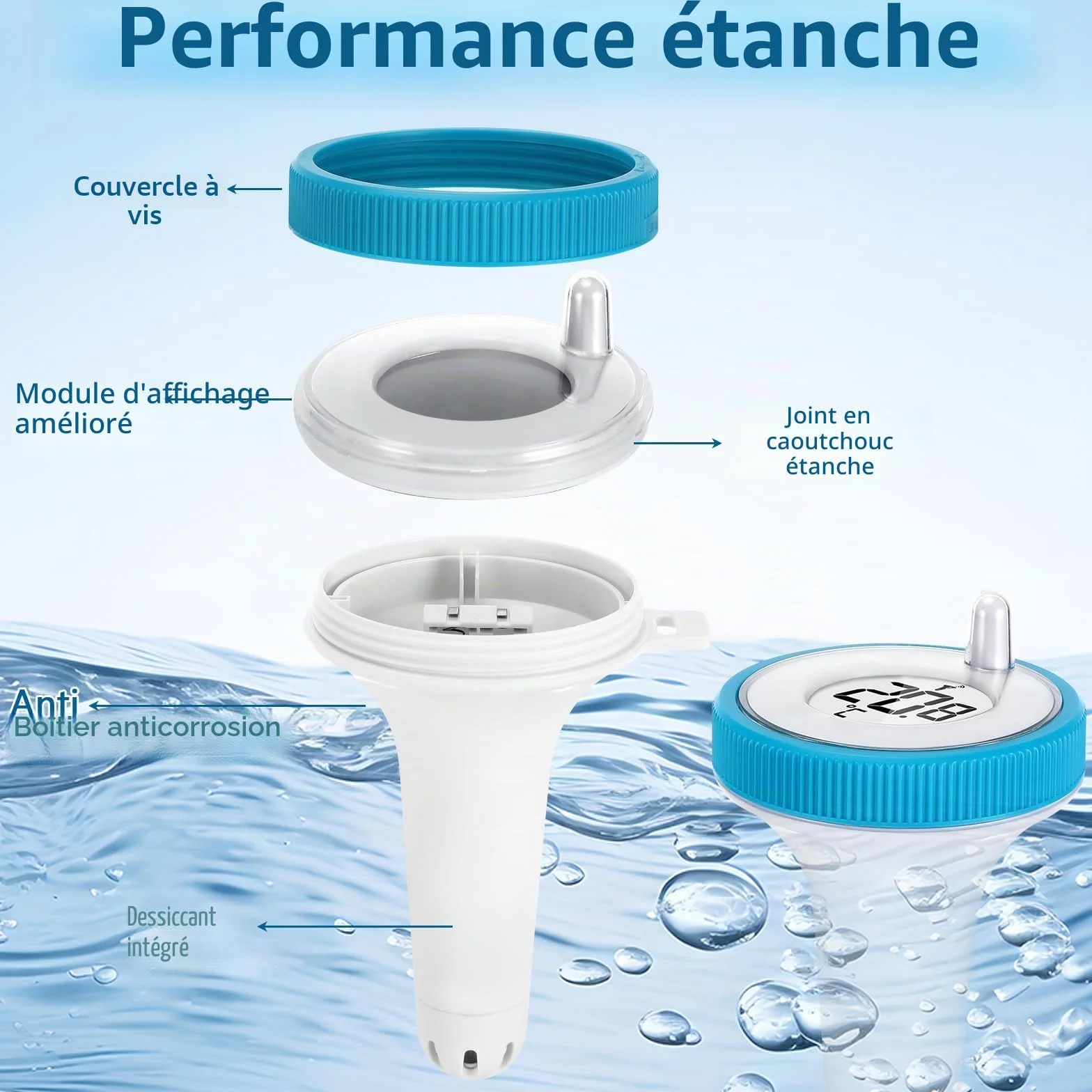 Thermomètre de Piscine Connecté Sans Fil IP67 Flotter Bleu