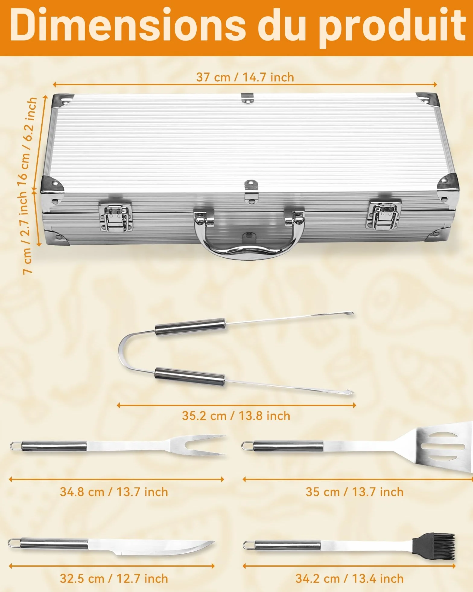 Set Barbecue Professionnel Acier Inoxydable 5 pièces 37x12x7 cm Mallette Aluminium