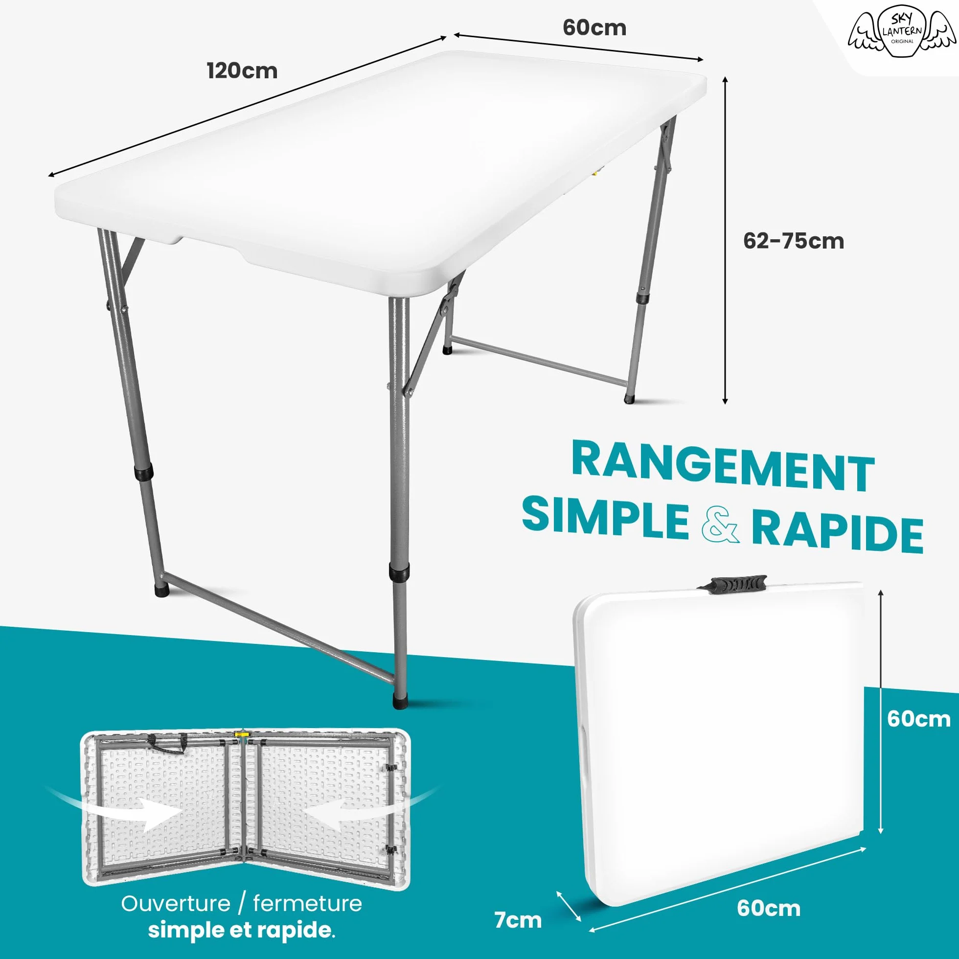 SKYLANTERN® Table Pliante 120 cm Rectangulaire Blanche Hauteur Réglable Table de Camping 6 Personnes HDPE