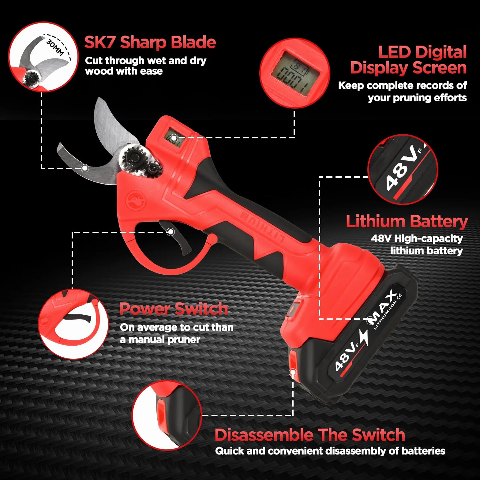 Sécateur Électrique Sans fil, 30mm Secateur Electrique, Sécateur Électrique Brushless avec 2 * 2000 mAh Batteries, Écran LCD, SK7 Lame, Professionnel Secateur à Batterie pour Jardinage, Arbre Fruitier