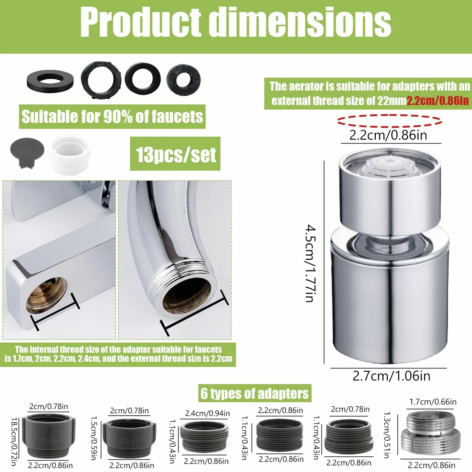 Embout Robinet Cuisine Aérateur Mousseur Mitigeur Evier Tete Rotative 2 Modes Adaptateur 18mm 22mm