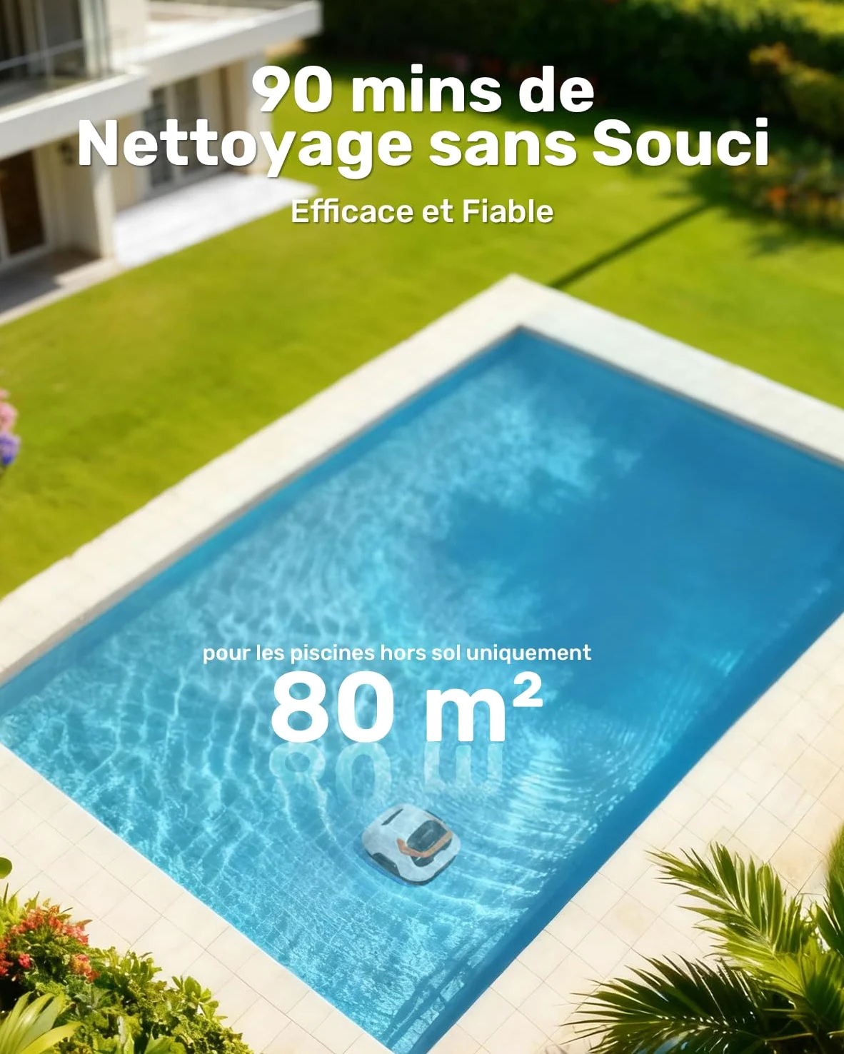 Gosvor Robot de Piscine Hors-Sol sans Fil – 90 Min d’Autonomie, Aspiration Puissante 6600 L/h, Nettoyage Automatique avec Stationnement Intelligent, pour Piscines Jusqu’à 80 m²