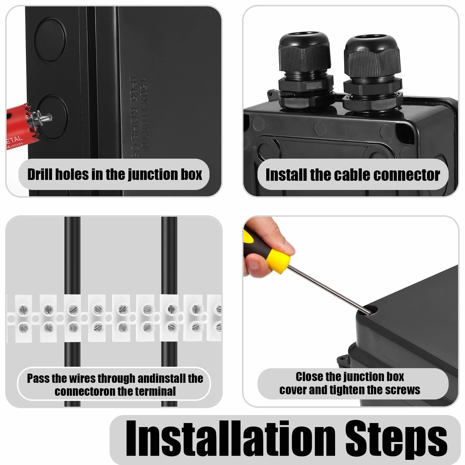 Boite de Dérivation étanche IP65, Connecteur Electrique Etanche pour Câble Extérieure Noire