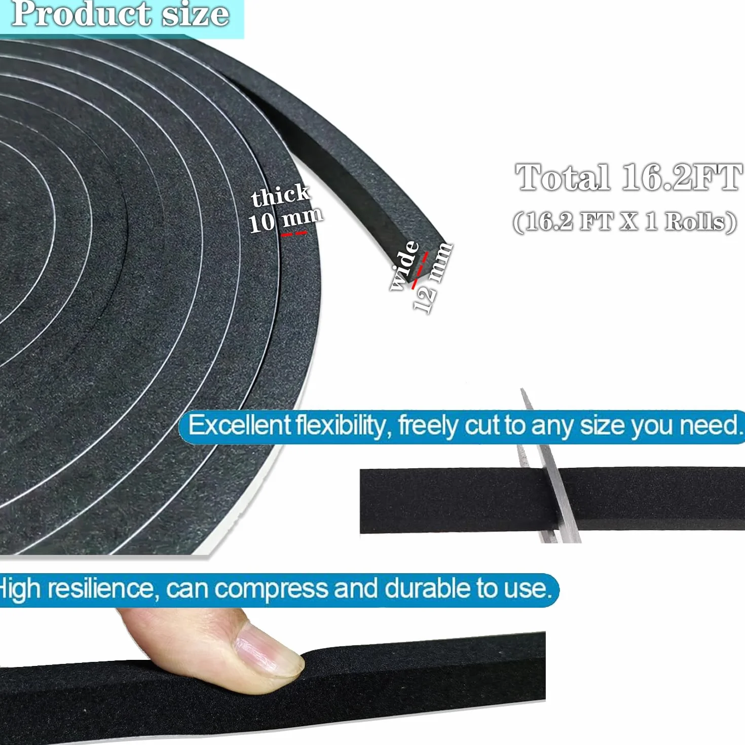 Bande d'étanchéité autocollante en mousse 12mm x 10mm x 5M Joint Porte Isolation Calfeutrage Fenêtre Anti-Froid Antichoc
