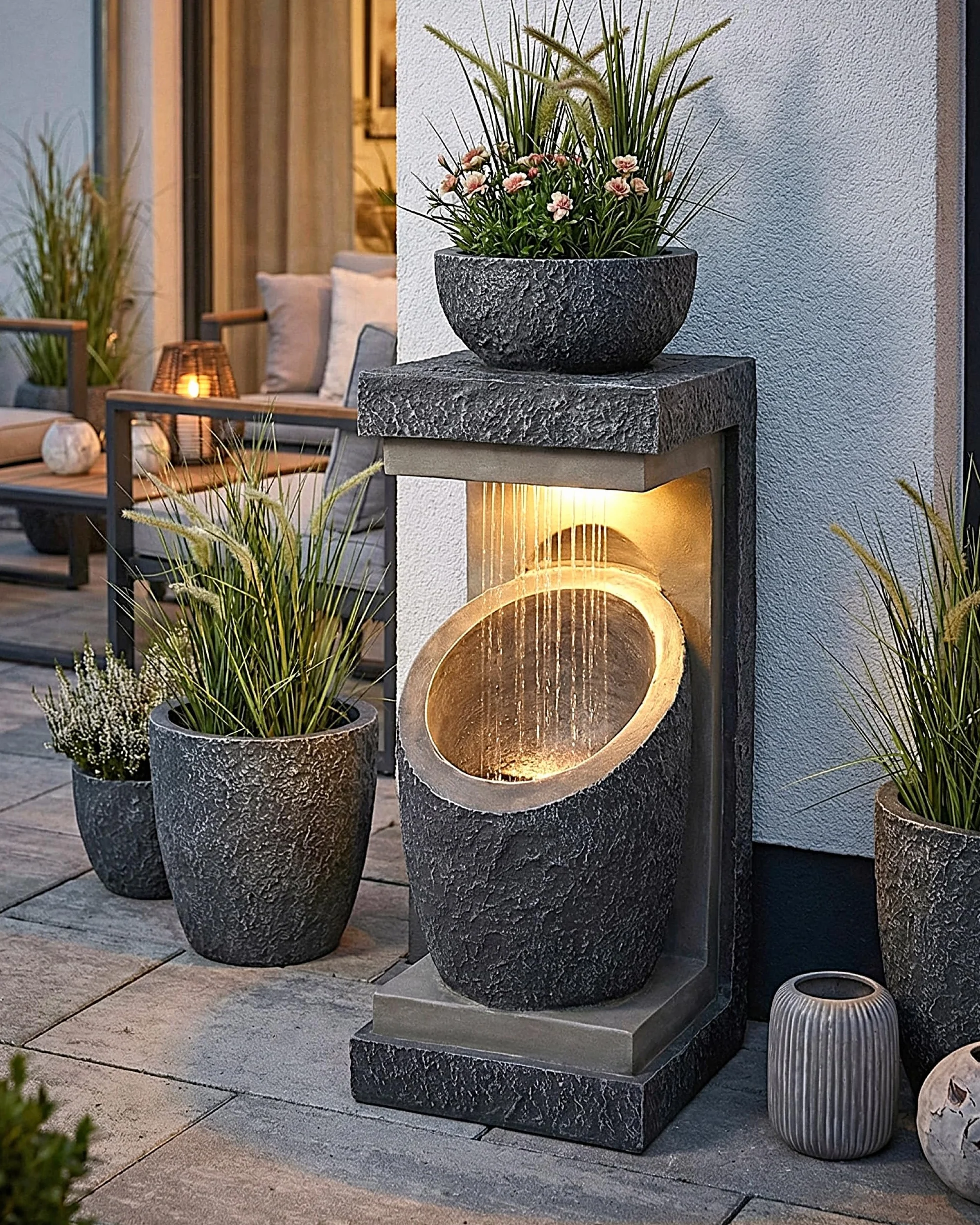 Fontaine de jardin avec éclairage LED Win 30, fontaine de plantation moderne, décoration de jardin, imitation pierre, 81 cm