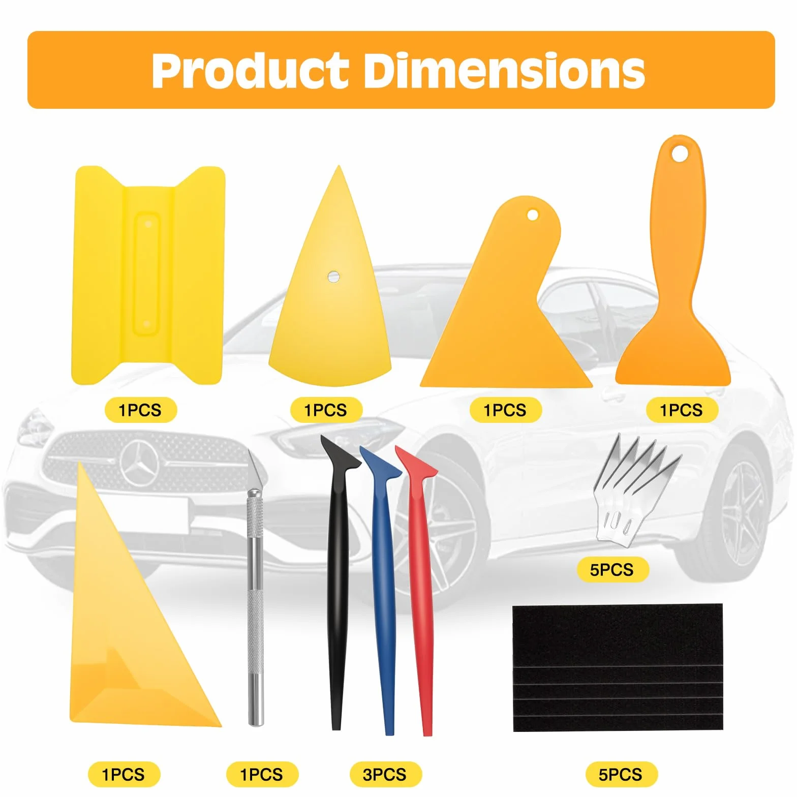 VINATO Kit de 10 Racloirs pour Films Automobile et Vitres – Raclette en Feutre, Triangulaire, Micro Raclette, Grattoir à Bords, Cutter de Précision