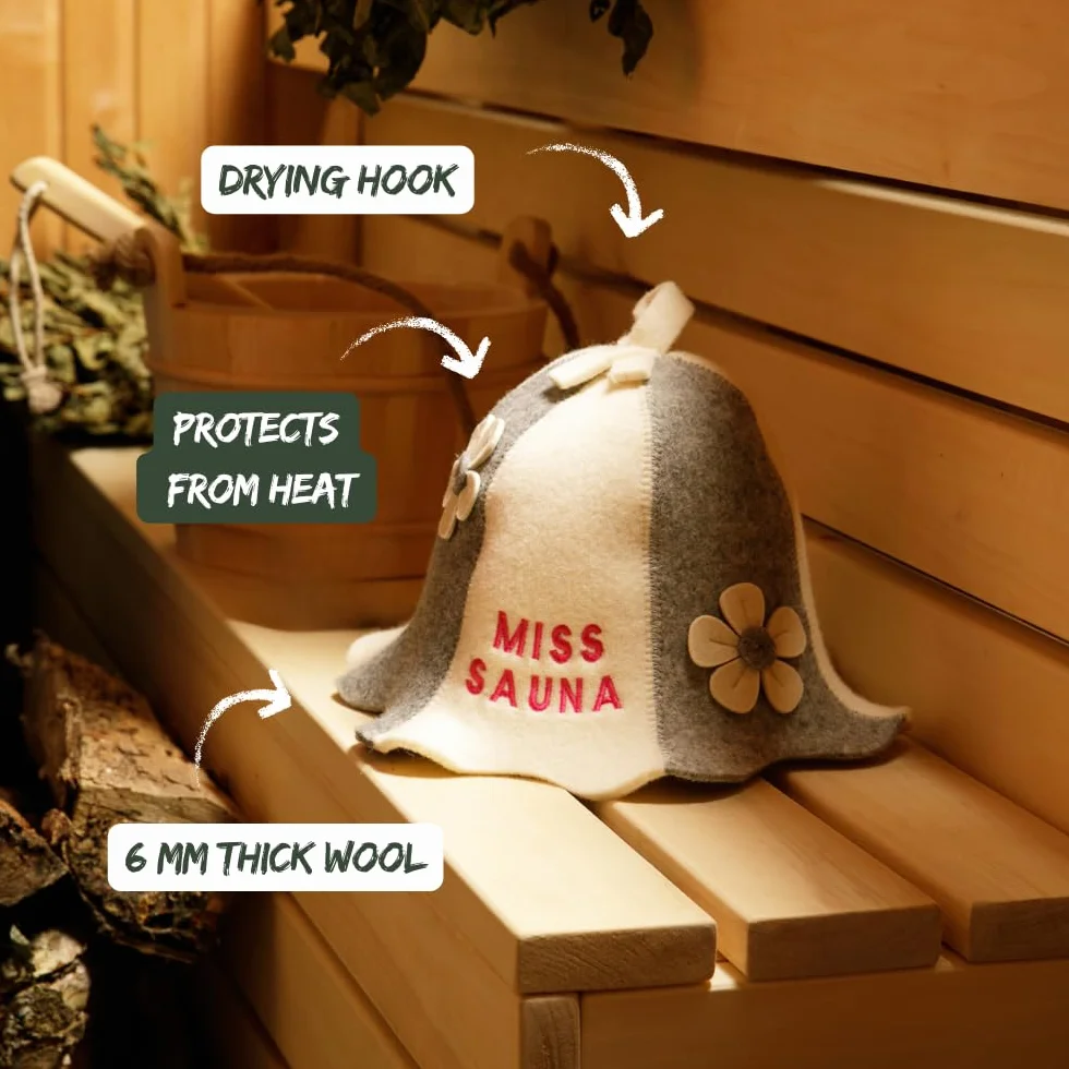 Chapeau de Sauna Miss Sauna Flowers Blanc/Gris 100% Feutre de Laine Biologique