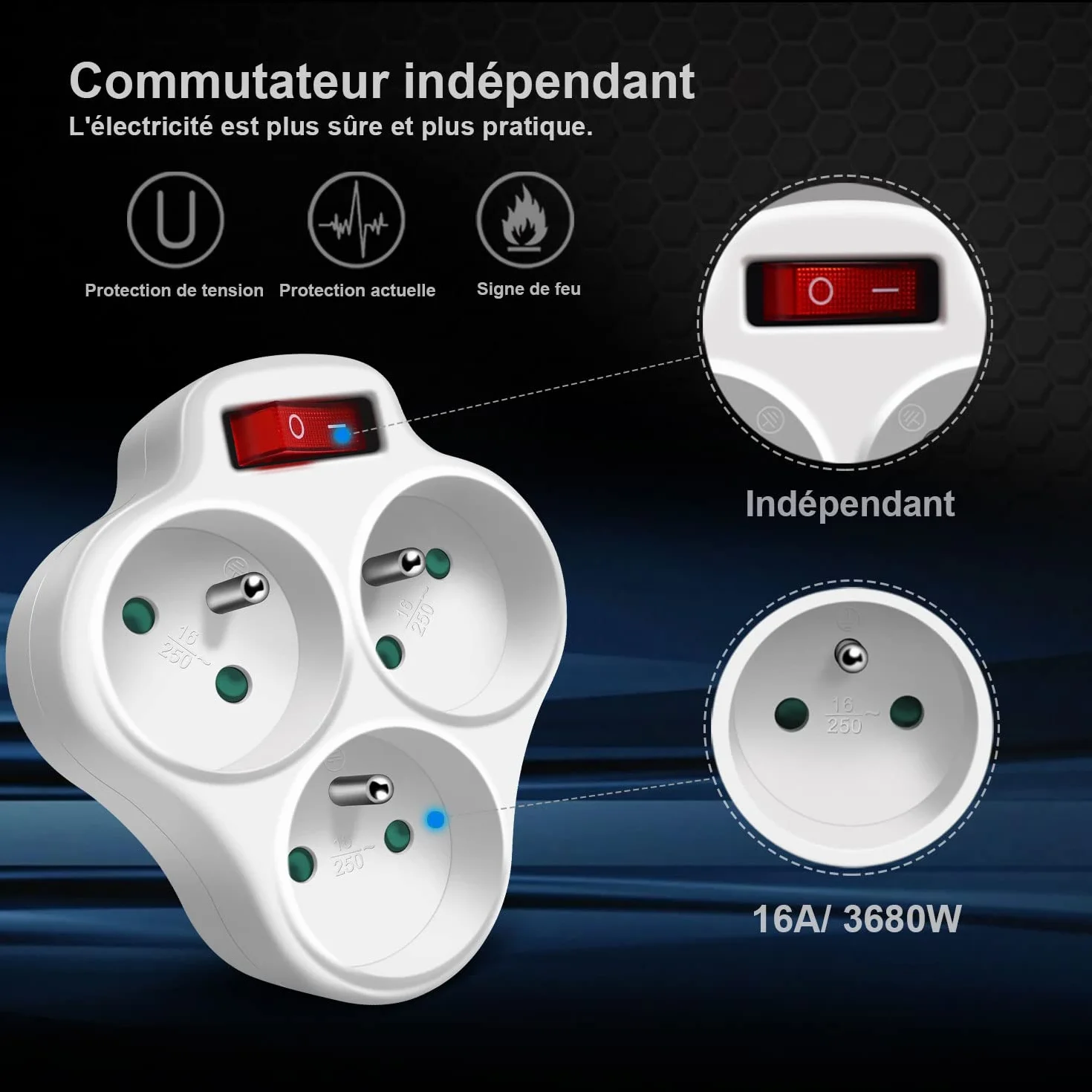 Extrastar Multiprise Murale 3 en 1 avec Interrupteur 16A 230V Blanc