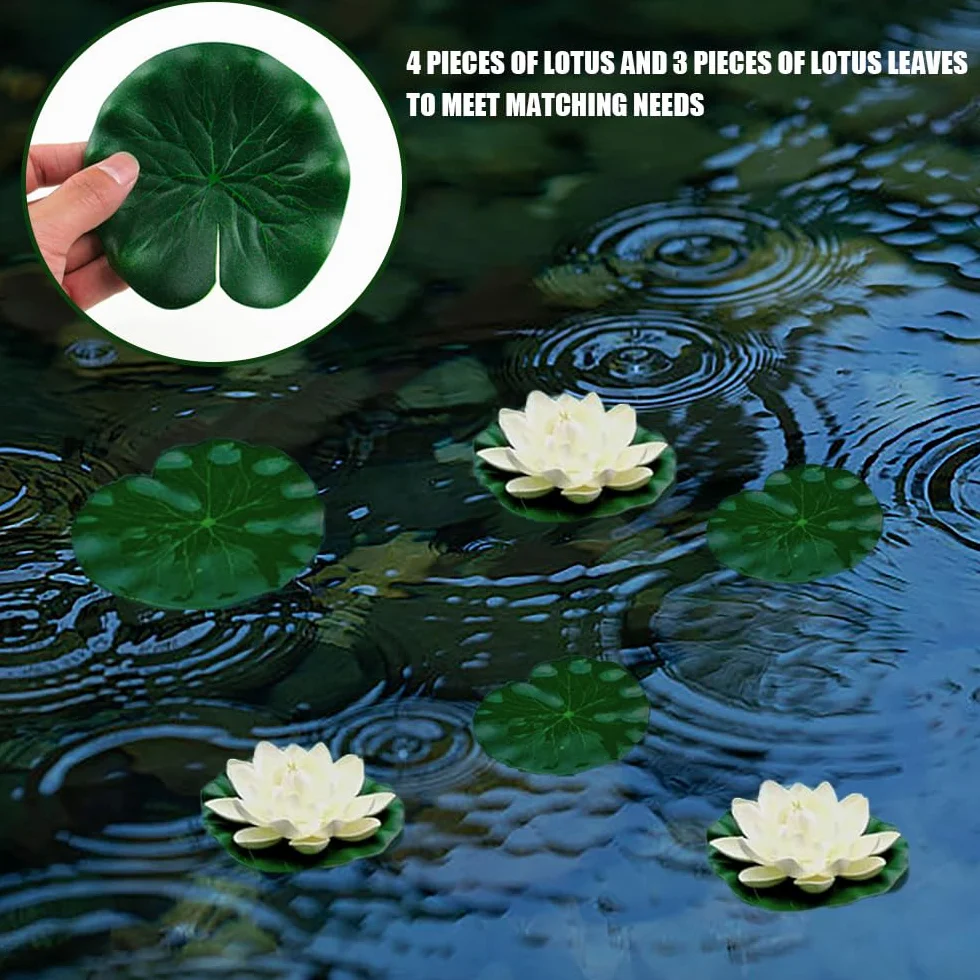 Lot de 7 fleurs de lotus artificielles flottantes pour décoration d'étang, feuillage et fleur en mousse pour étang, terrasse, jardin, piscine, aquarium, 2 styles
