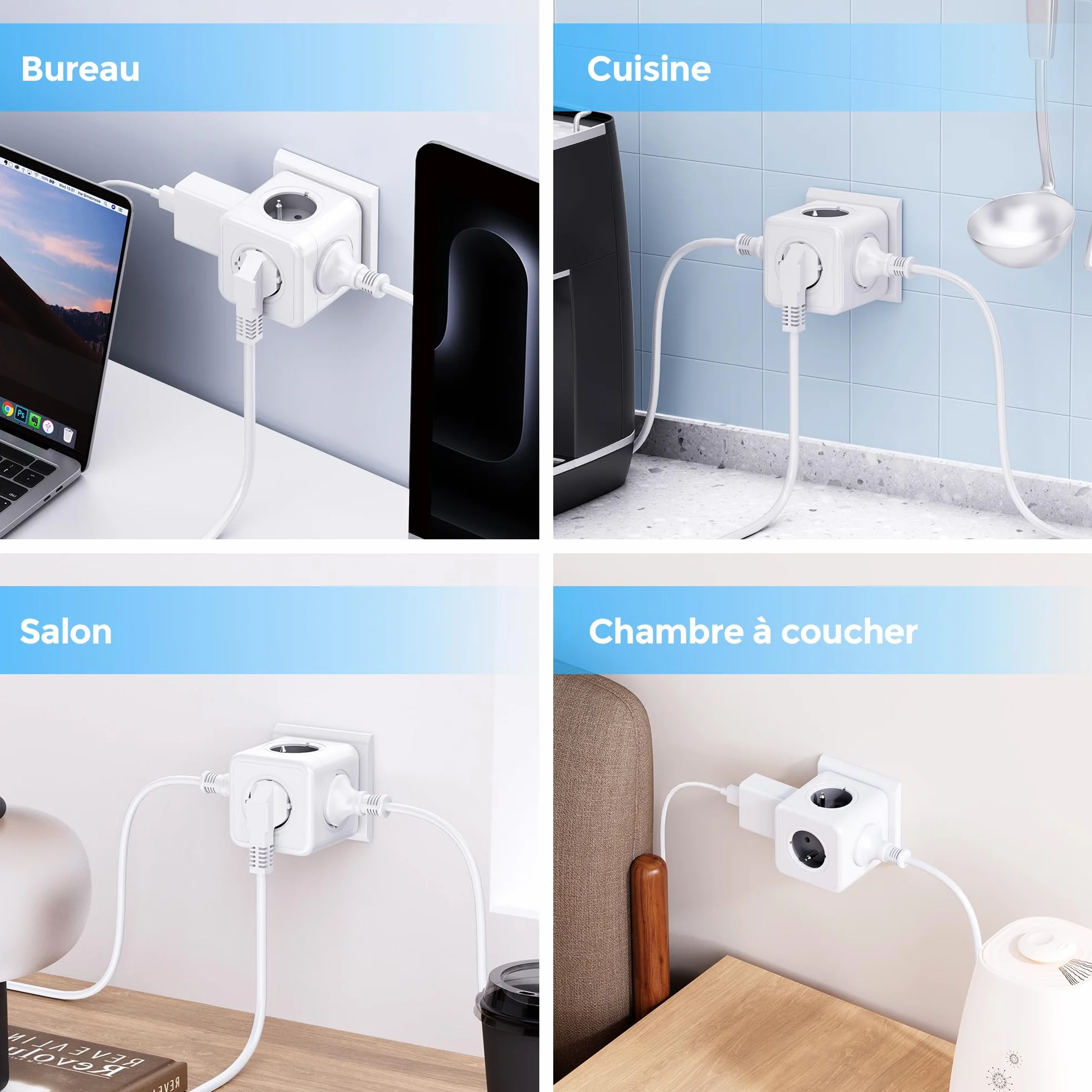 Prise cubique 5 en 1, multiprise murale 3680W, 5 prises frontales avec terre, adaptateur cube gris