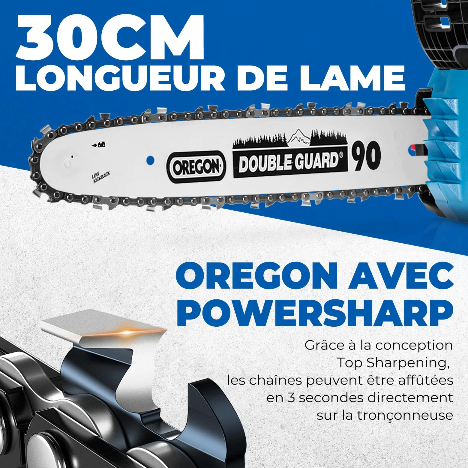 DongCheng Tronçonneuse sans fil a batterie 20V, moteur sans balais, guide-chaîne OREGON de 30 cm, tension de chaîne sans outil, Graissage automatique de la chaîne, avec batterie 4,0 Ah et chargeur