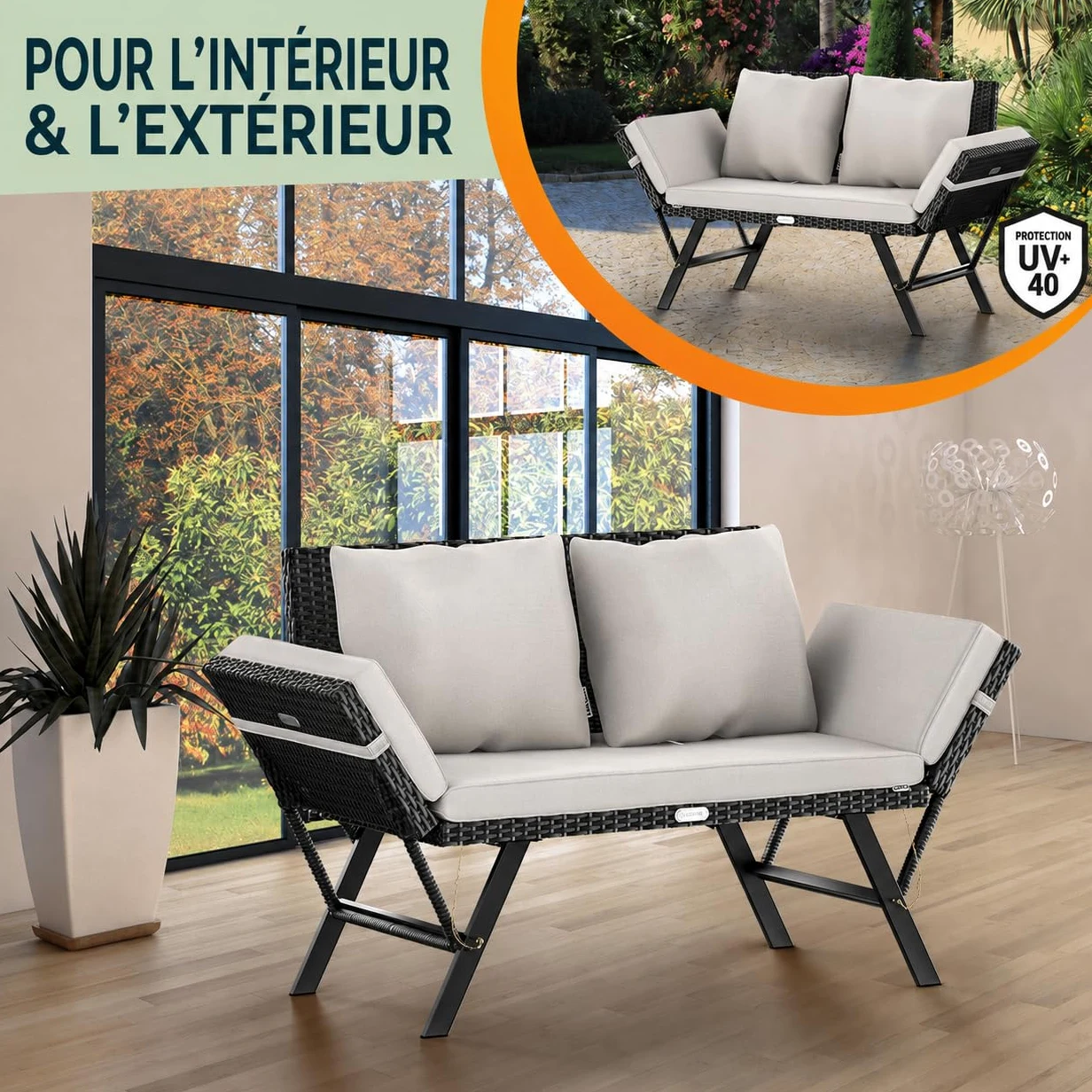 Casaria® Banc de Jardin Noir/Blanc polyrotin Fonction Chaise Longue réglables Extérieur Jardin Terrasse Balcon Canapé
