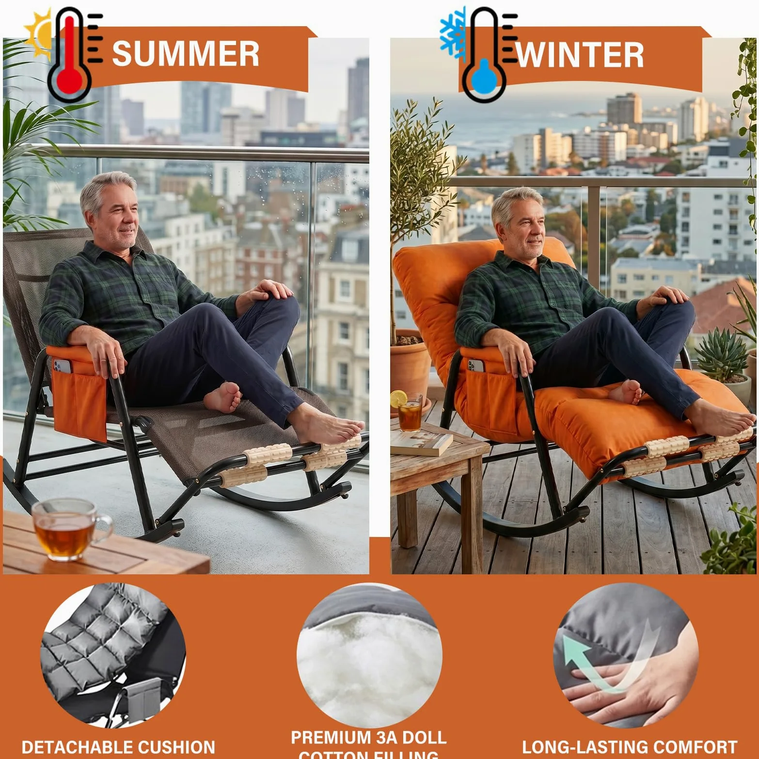 Fauteuil à Bascule Ergonomique, Rocking Chair Allaitement Silencieux avec Dossier et Repose-Jambes Réglables (5 Positions) et Repose-Pieds Massant, Chaise Relax en Cuir Anti-rayures, 150kg (Orange)
