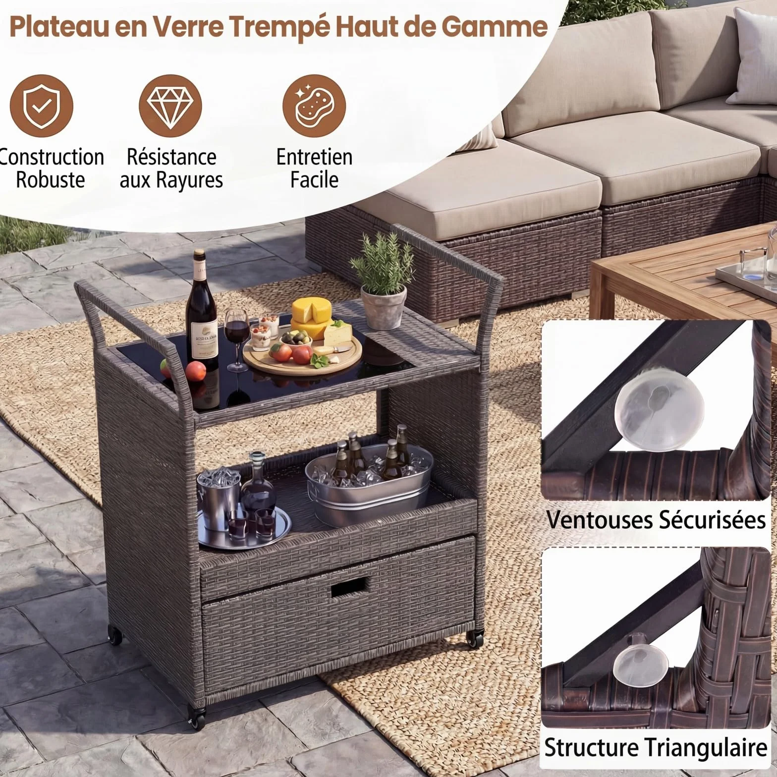 SOARS Desserte Exterieur Rotin PE Chariot Plancha Roulettes Plateau Verre Barbecue Jardin Patio