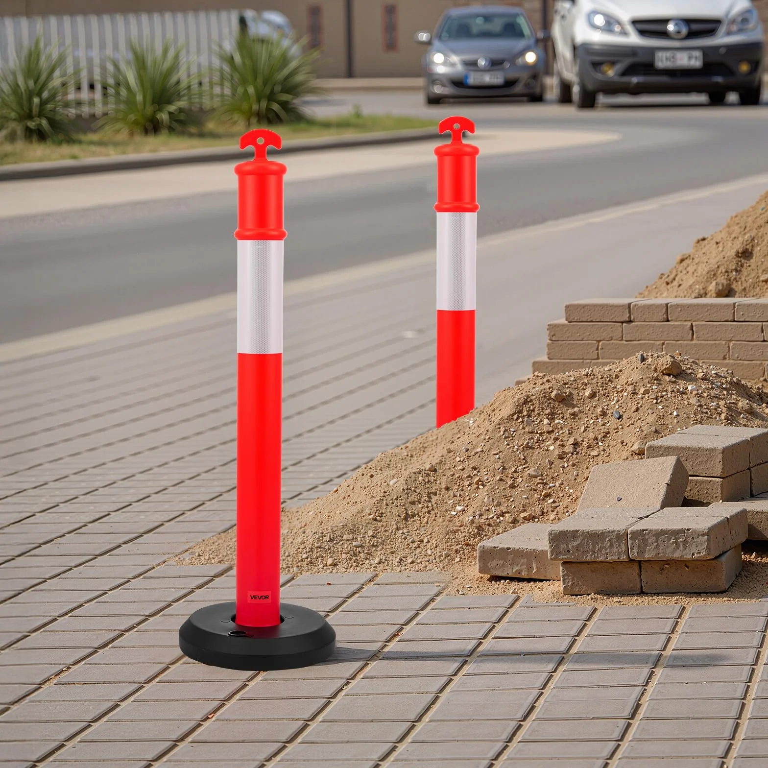 VEVOR Poteau de Signalisation 114 cm 6PCs Balise Délimitation Base Remplissable Bandes Réfléchissantes