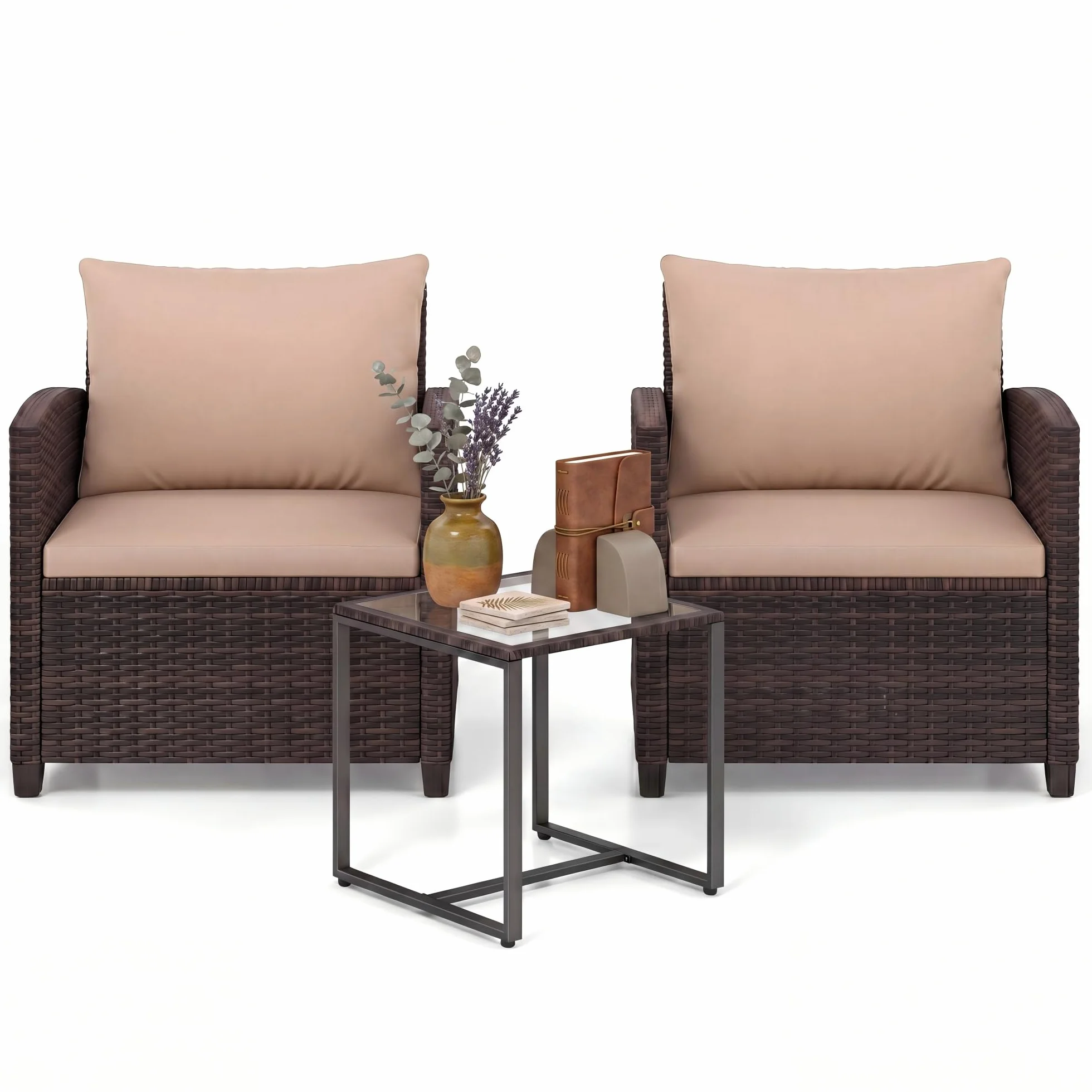 GIANTEX Ensemble de Salon de Jardin 3 Pièces, 2 Fauteuils avec Coussins, Table Basse en Verre, Marron+Café