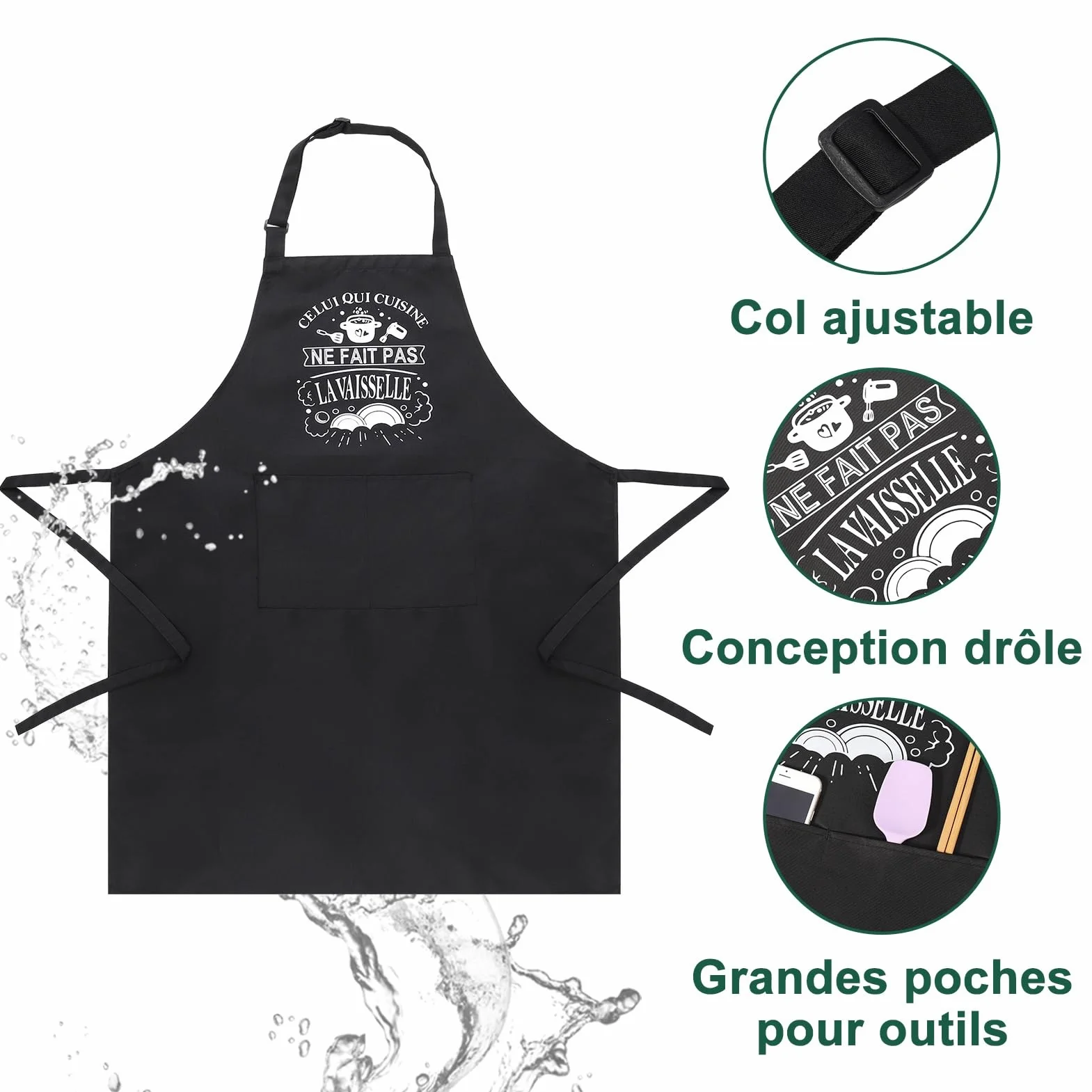 Tablier de Cuisine pour Homme, Tabliers de Cuisine Étanche Réglable Tablier Barbecue avec Poches Idée Cadeau Fête des pères
