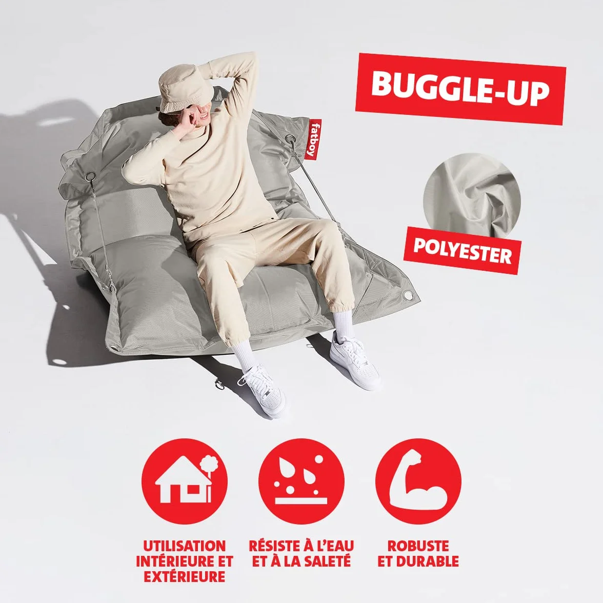Fatboy Buggle-up Pouf XXL - Fauteuil Salon Modulable 1 ou 2 Places - Pouf Geant Facile à Nettoyer pour l'Intérieur et l'Extérieur - Fauteuil de Lecture en Polyester - 185 x 137 cm - Gris Clair