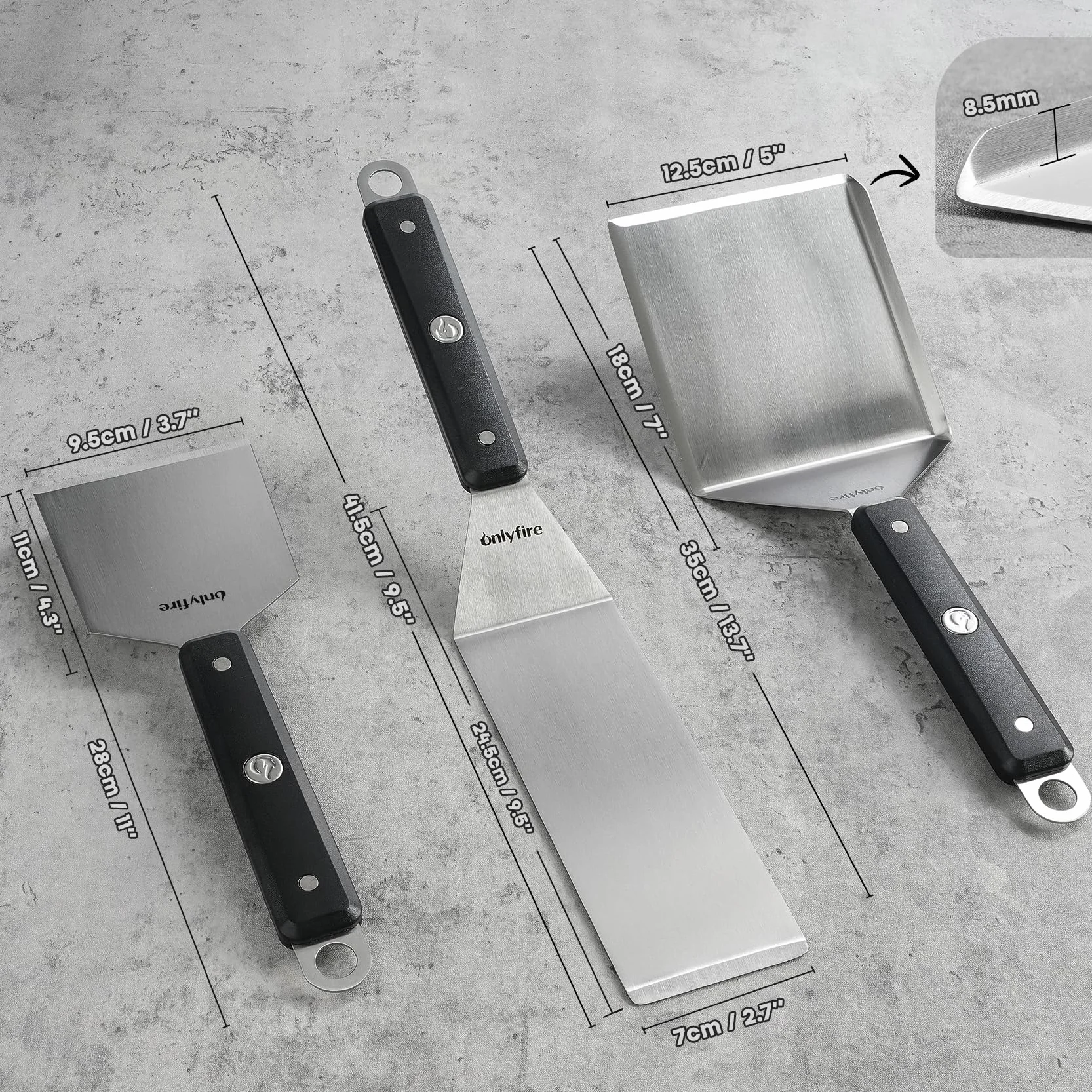 Onlyfire Set de 3 Spatules BBQ Plancha Acier Inoxydable - Spatule à Rebords, Longue et Grattoir - Accessoires Barbecue, Teppanyaki, Smash Burgers