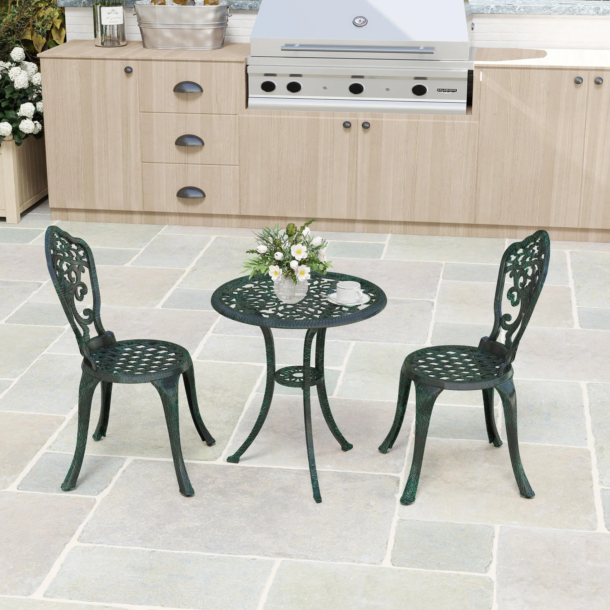 Outsunny Ensemble bistrot pour Jardin en Aluminium Salon de Jardin 3 pièces 2 chaises + 1 Table Ronde Imitation Fer forgé Vert