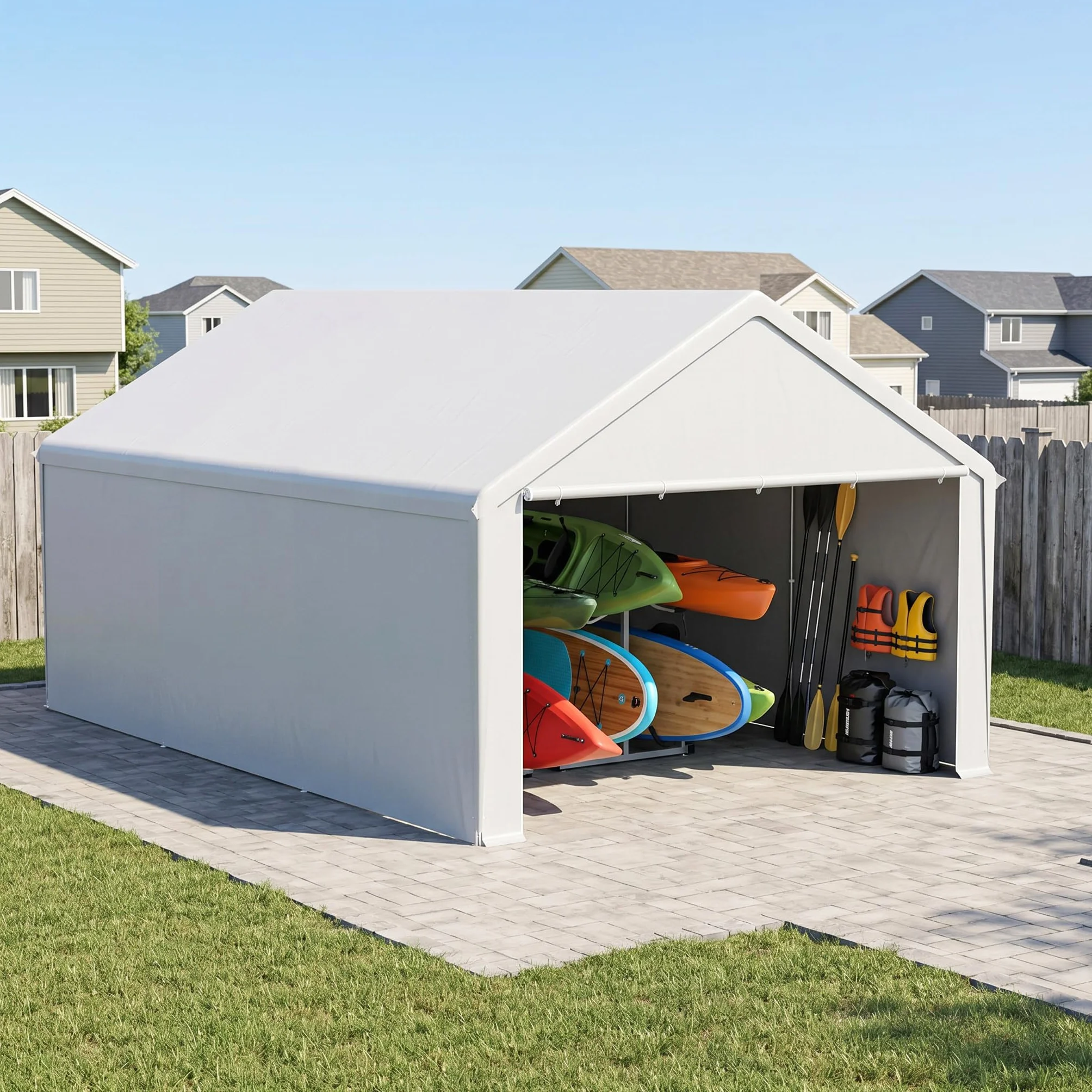 ACXIN Rideau de rangement robuste pour hangar de jardin avec cadre en acier et bâche en polyéthylène pour outils, voiture, blanc, 4 m x 6 m