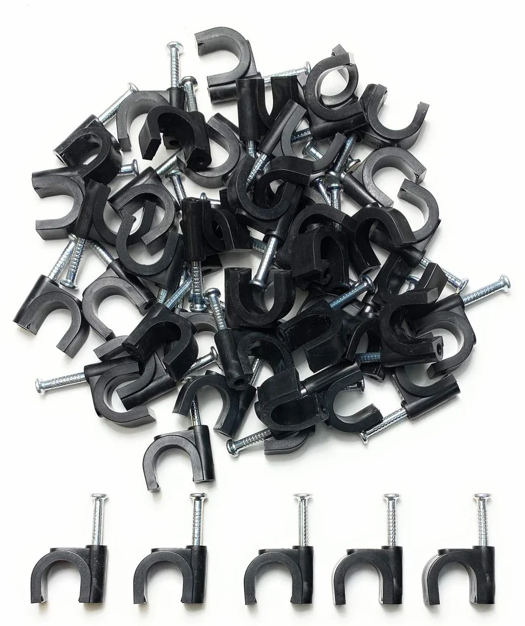 100 clips de câble ronds noirs type K 10 mm avec fixations à clous
