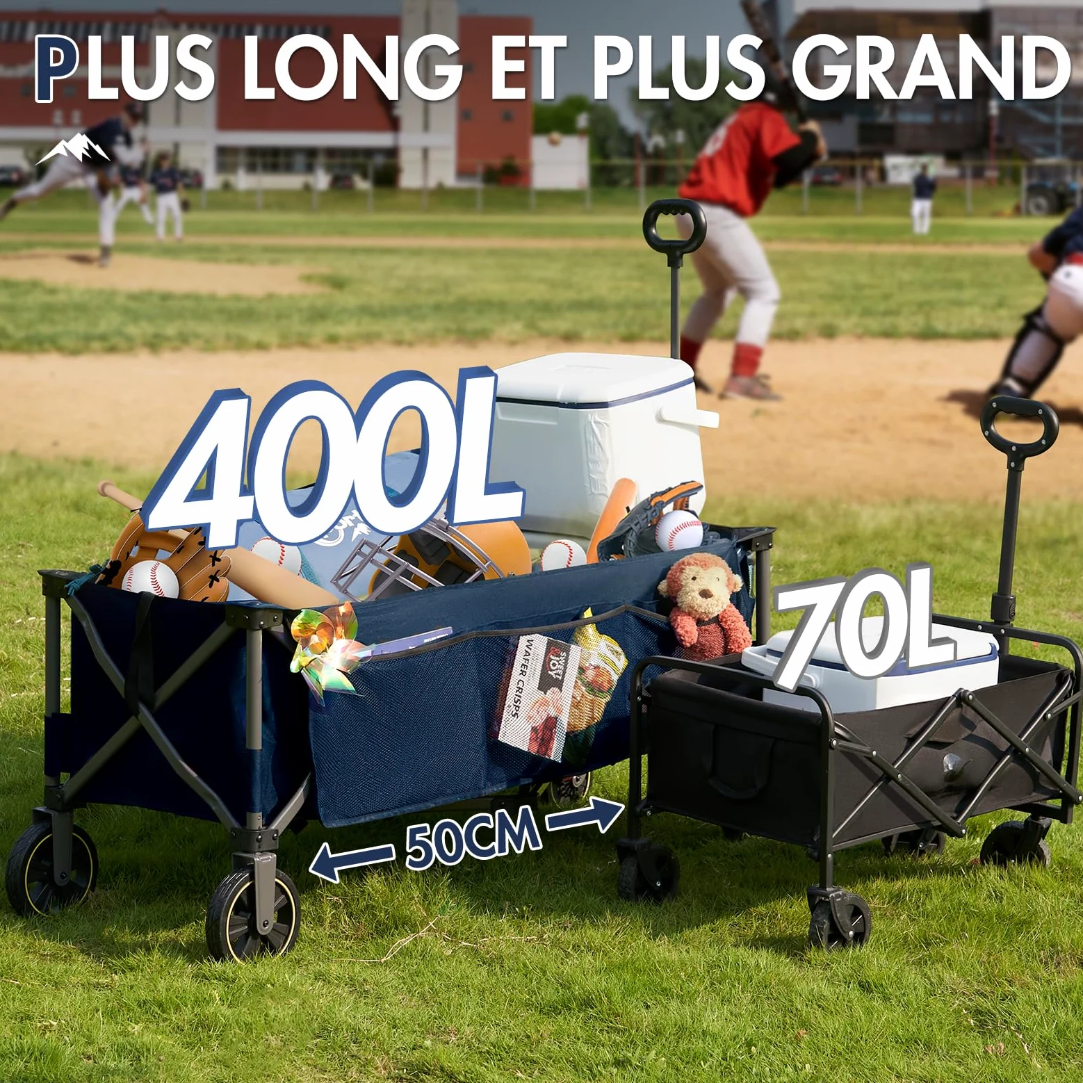 PORTAL Chariot de Plage Pliable, 400L 160KG Plage très Long Chariot à roulettes avec Filets Anti-Chute Frein Tout Terrain Poignée Réglable Charrette pour Extérieur Camping Pique-Nique