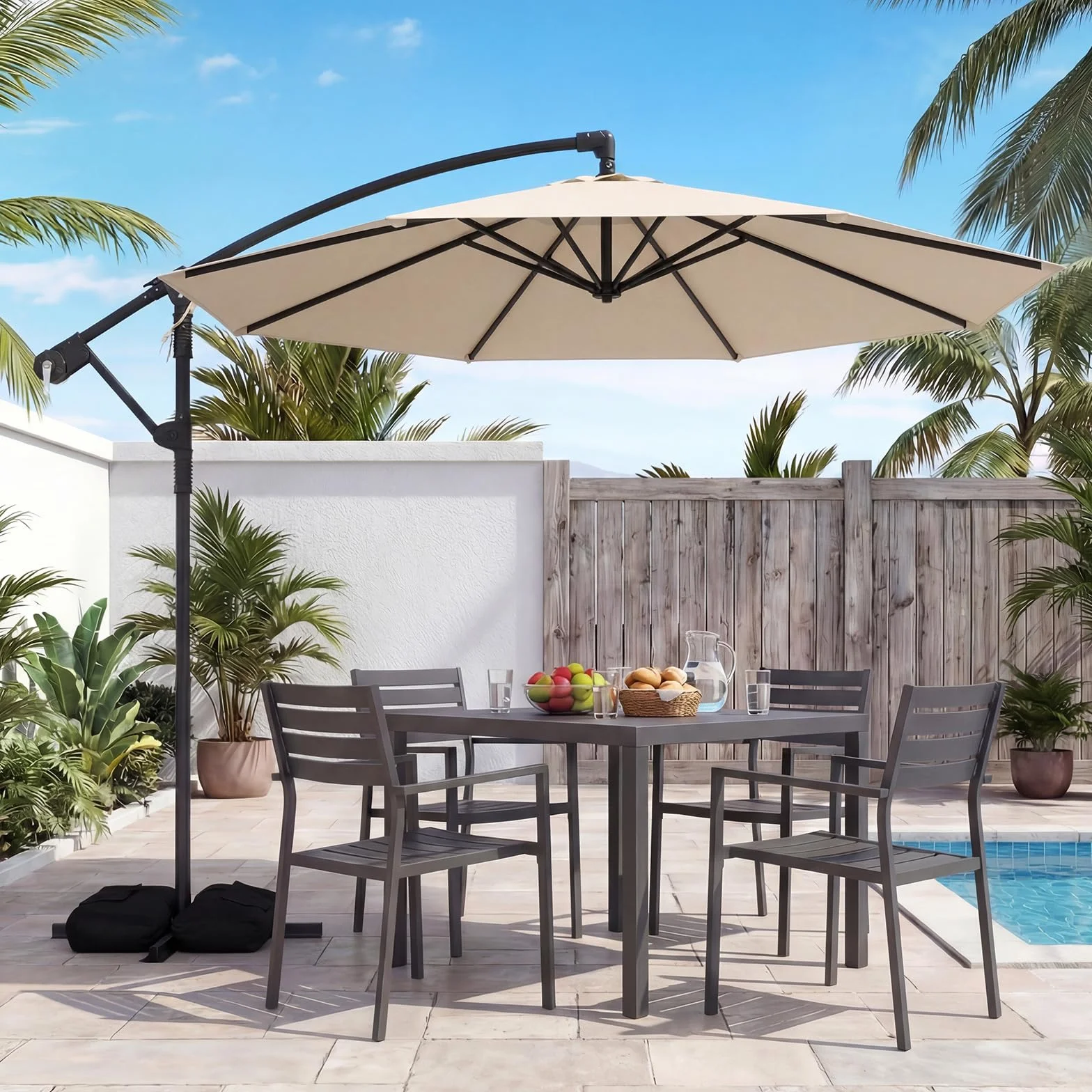 COSTWAY Parasol Déporté 3 x 3M, Parasol de Jardin Extérieur avec Pied, Rotation 360°, Anti-UV, 8 Baleines, Beige