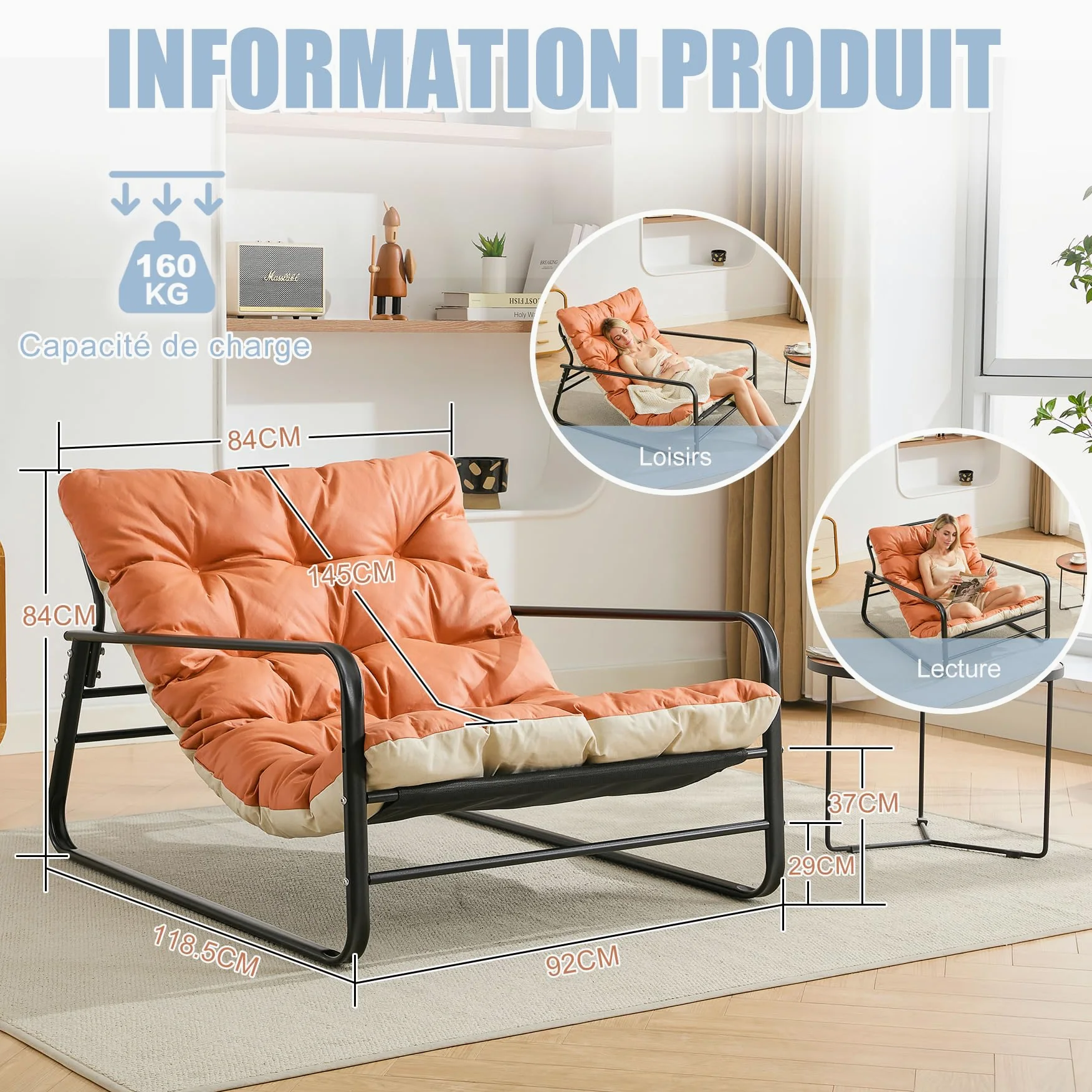 Fauteuil Jardin Exterieur avec Coussin réversible, Imperméable, Anti-Rouille rembourrée en Acier pour 2 Personnes pour Terrasse Salon Balcon- Capacité de Charge maximale de 160 kg, Orange et Beige
