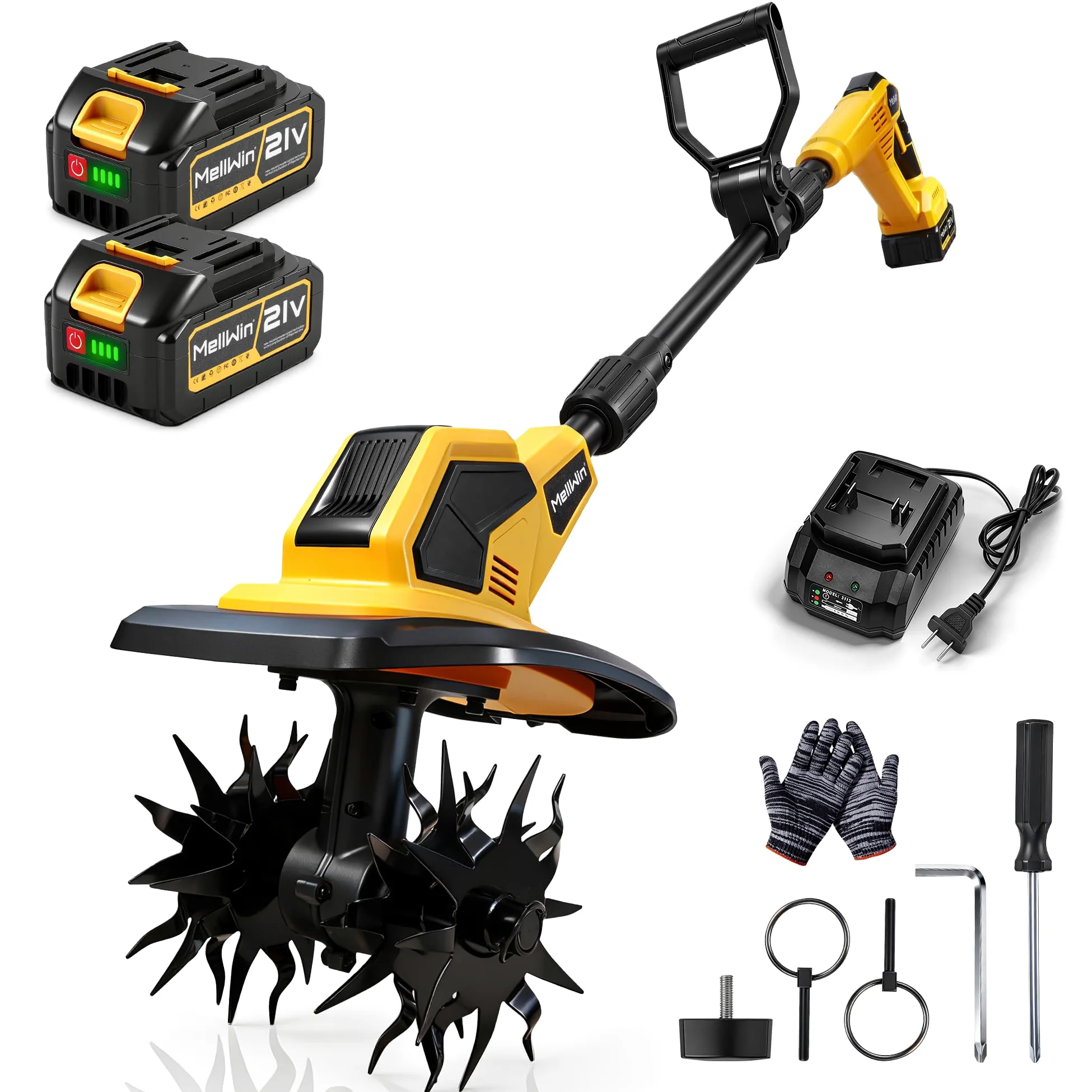 Motoculteur électrique avec 2 Batteries 4000 mAh 21 V, sans balais, motoculteur Rotatif 360 TR/Min avec Fraises en Acier,motobineuse Electrique Largeur de Travail 24 cm et Profondeur 17 cm