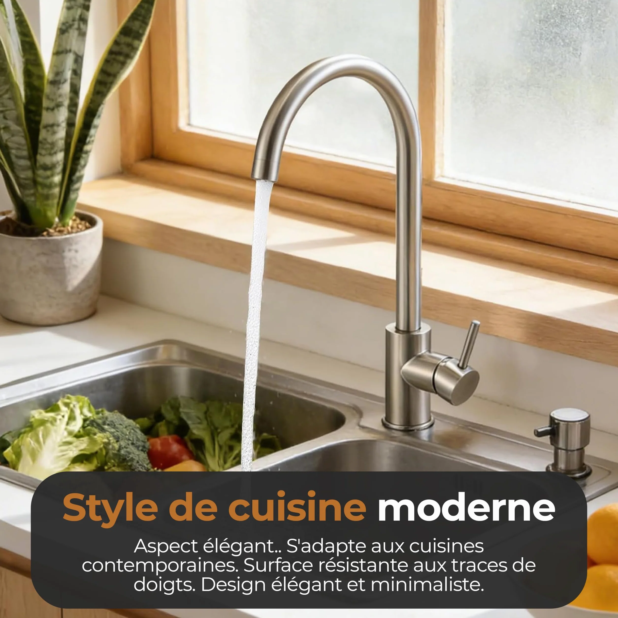MELTA Mitigeur Évier Arc Élevé Acier Inoxydable Robinet Cuisine Pivotant 360° Levier Unique Chrome Poli