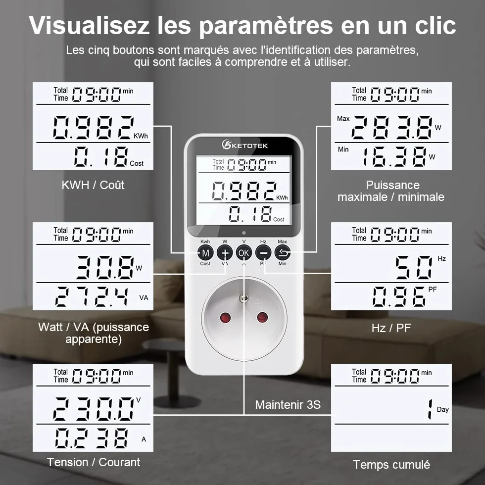KETOTEK Wattmètre Prise Compteur d'Énergie, Écran LCD Rétroéclairé, Protection Contre Les Surcharges 3680W