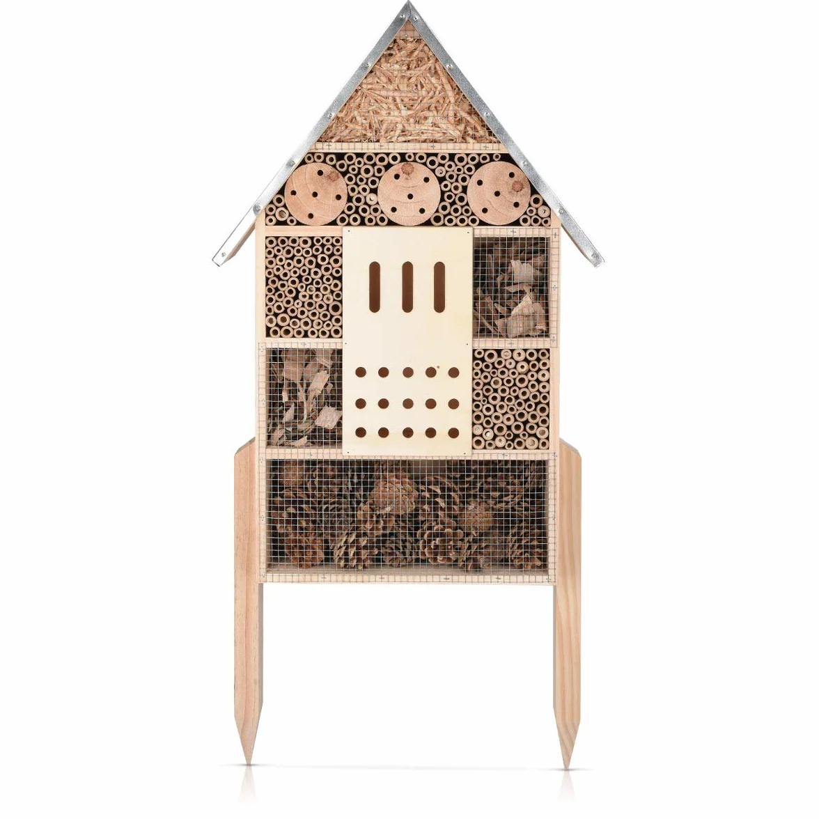 Navaris Hôtel à Insecte Bois Cabane Abri XL 38 x 11,5 x 57 cm avec 2 Piquets Nid Nichoir pour Abeilles Papillons