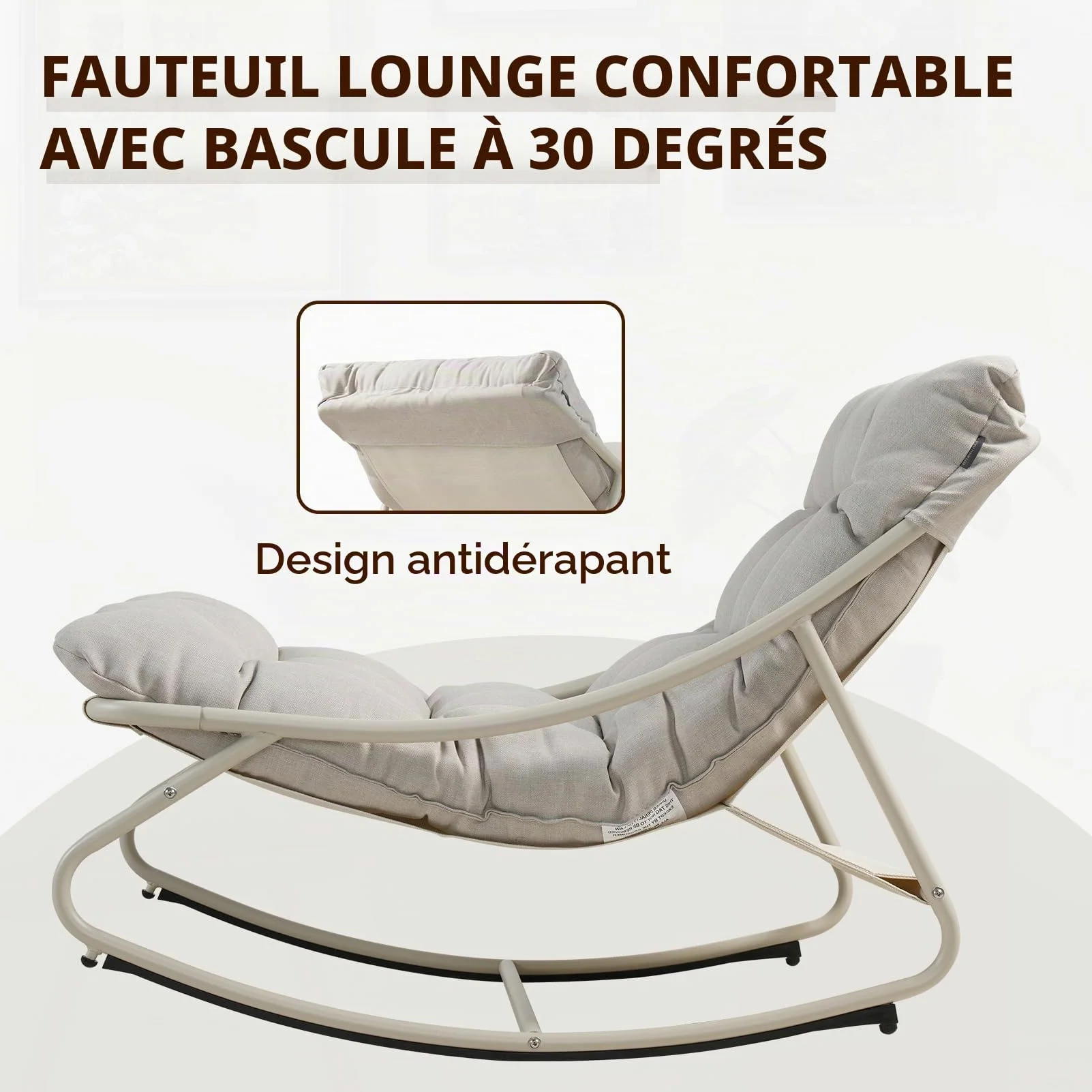 Grand patio Fauteuil à Bascule d’Extérieur avec Coussin – Chaise Relax Ergonomique en Métal, Résistante aux Intempéries, pour Jardin, Terrasse, Balcon & Salon, Jusqu’à 150 kg –Blanc Cassé
