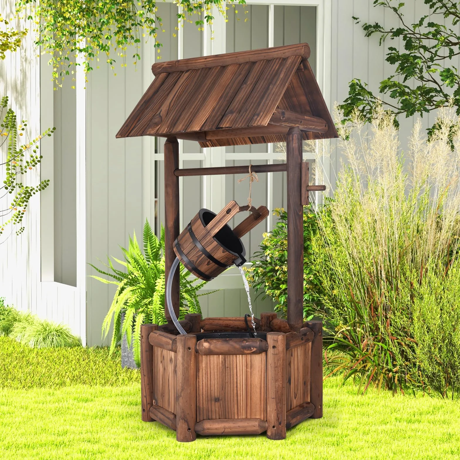 SOARS Fontaine Exterieure de Jardin 58 X 58 X 114 CM, Puit Decoration Jardin en Bois de Sapin avec Toit pour l'Extérieur, Seau Réglable en Hauteur, pour Cour, Pelouse, Jardin (58 X 58 X 114 CM)