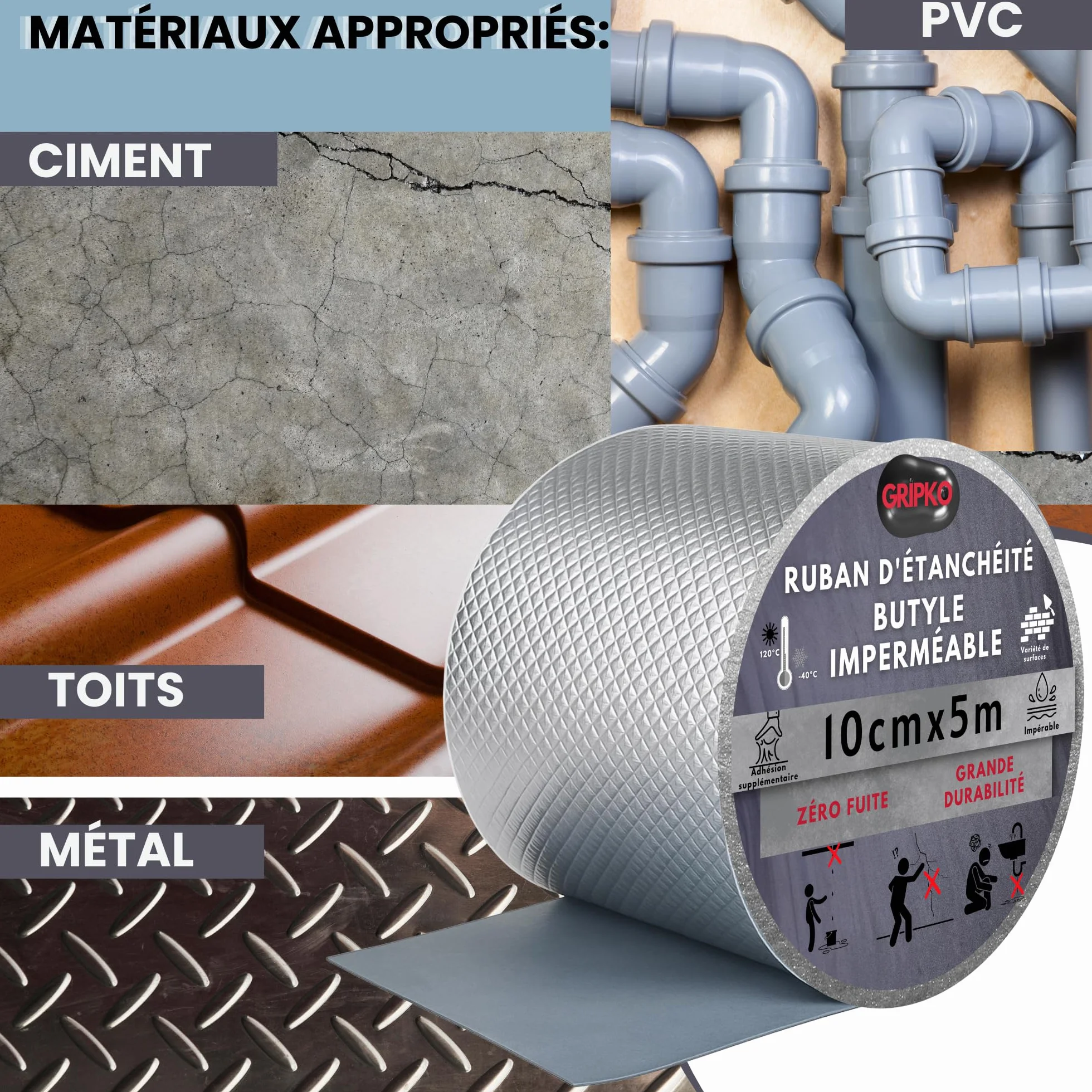 Ruban Butyle 10cm x 5M Bande d'Étanchéité Impermeable Autocollant Aluminium Réparation Tuiles Fissures Fuites Adhésif