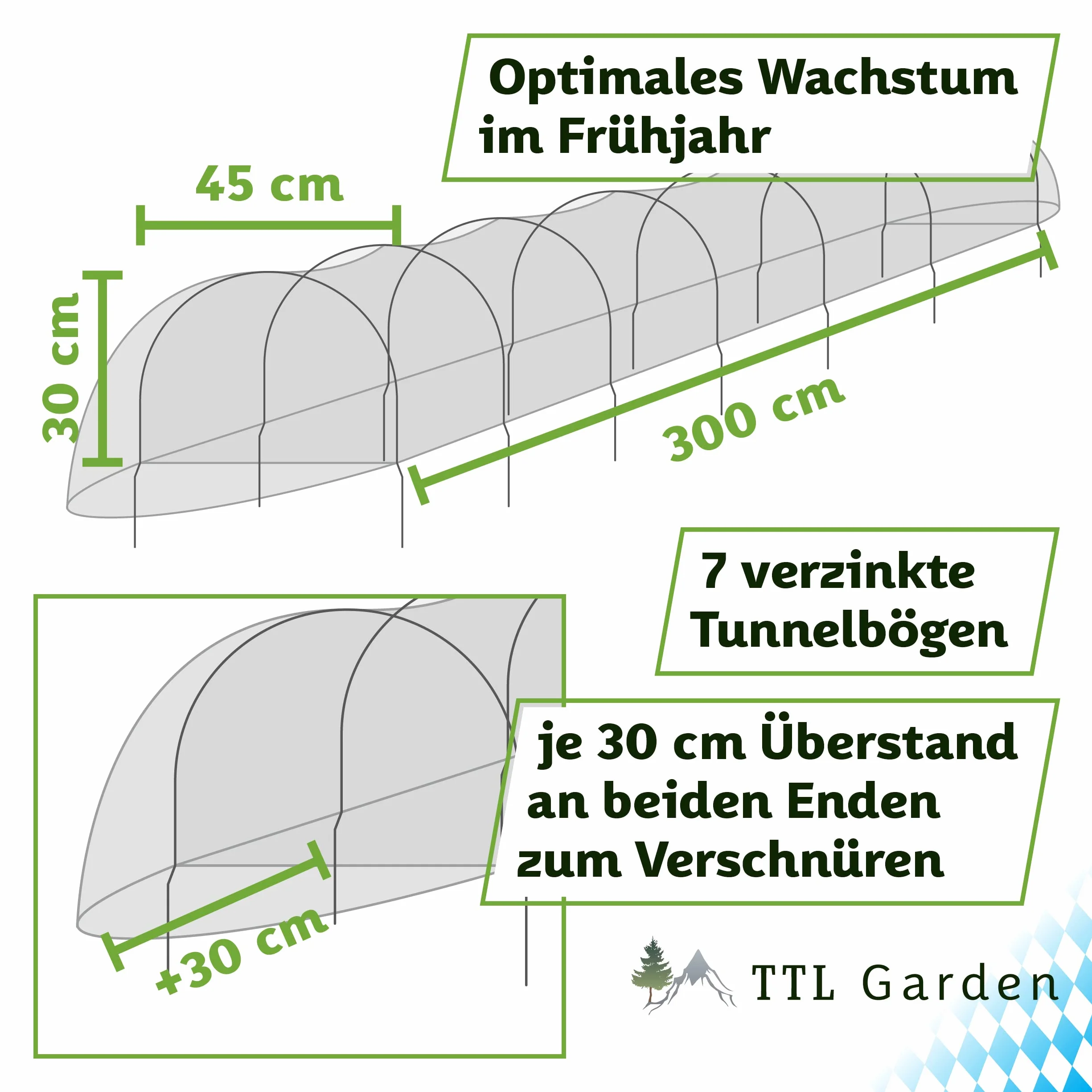 TTL GARDEN Quick&Easy Tunnel en film plastique 300 x 45 x 30 cm avec film polyéthylène – Tunnel en film plastique de 3 m immédiatement utilisable avec cordon 7 arcs de tunnels, pour plate-bande