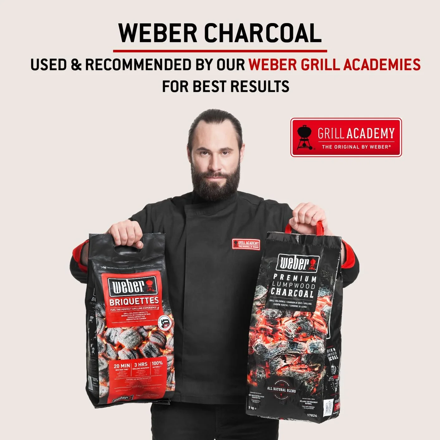 Weber Briquettes de Charbon de Bois Naturel pour Barbecue, Allumage Rapide 20 Min, Longue Combustion 3 Heures, 4 kg