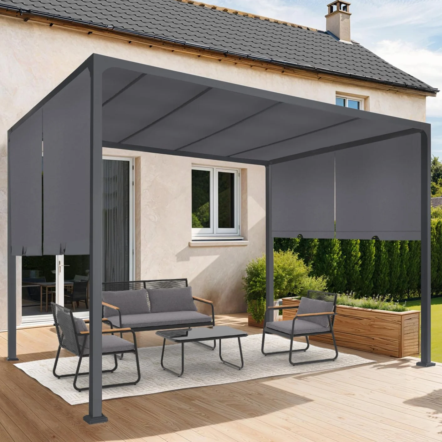 Pergola coulissante 2 pans 3x3 M Toile Gris Anthracite