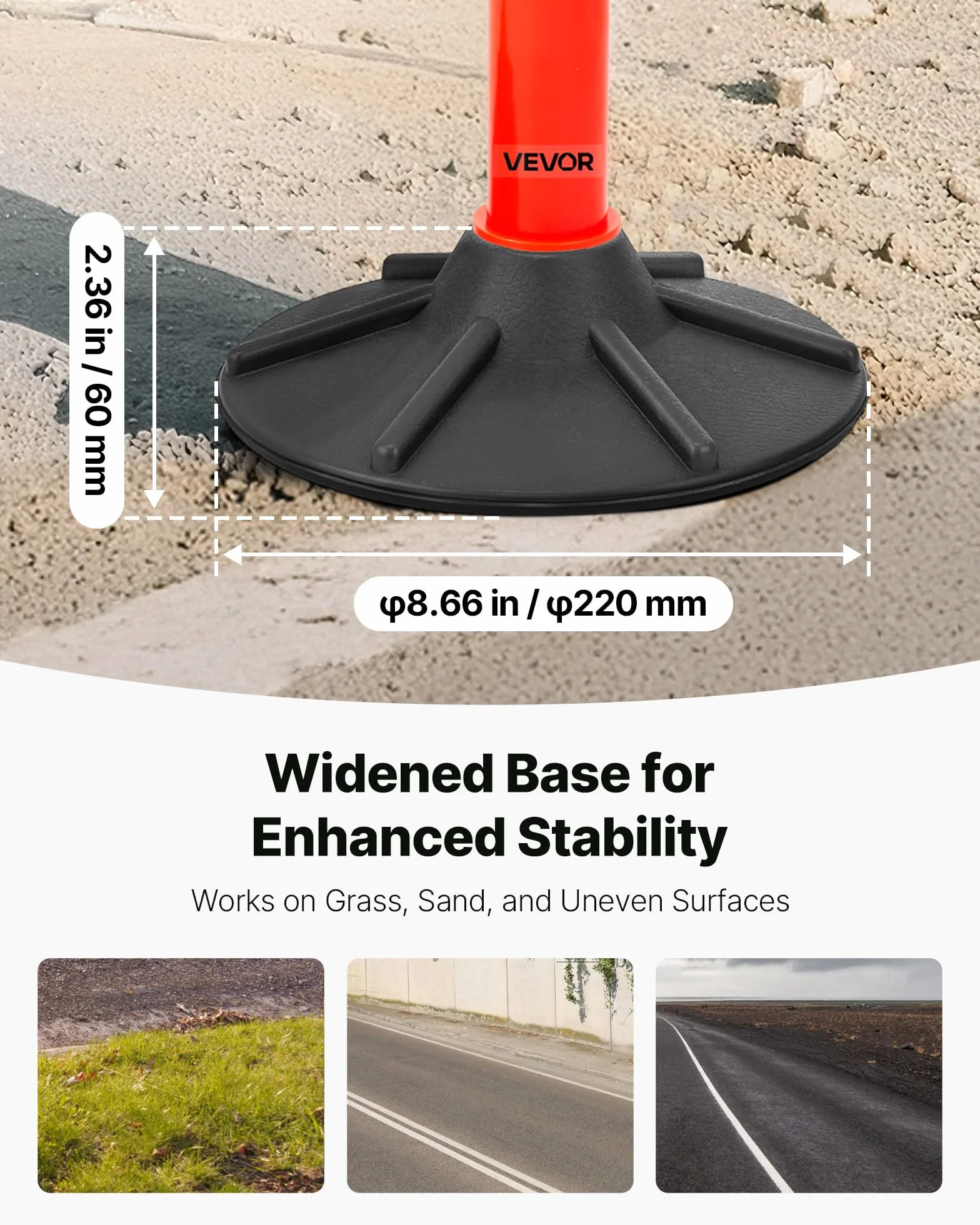 VEVOR Poteau de Signalisation 3PCs 87,1 cm, Balise Délimitation Base Lestée, Bandes Réfléchissantes Chaîne