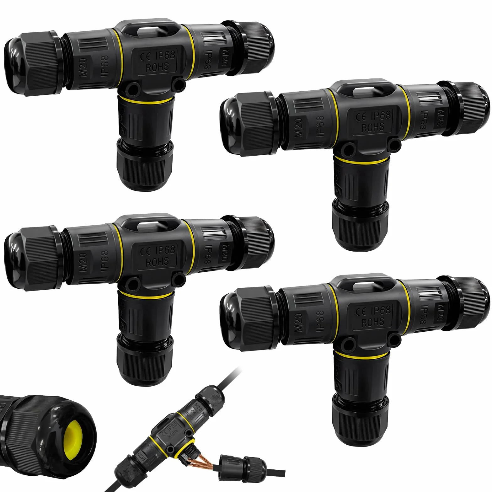 Connecteurs de câble étanches 3 broches IP68 Lot de 4 - Manchon de connexion diamètre 5-12 mm - Boîte de jonction en saillie