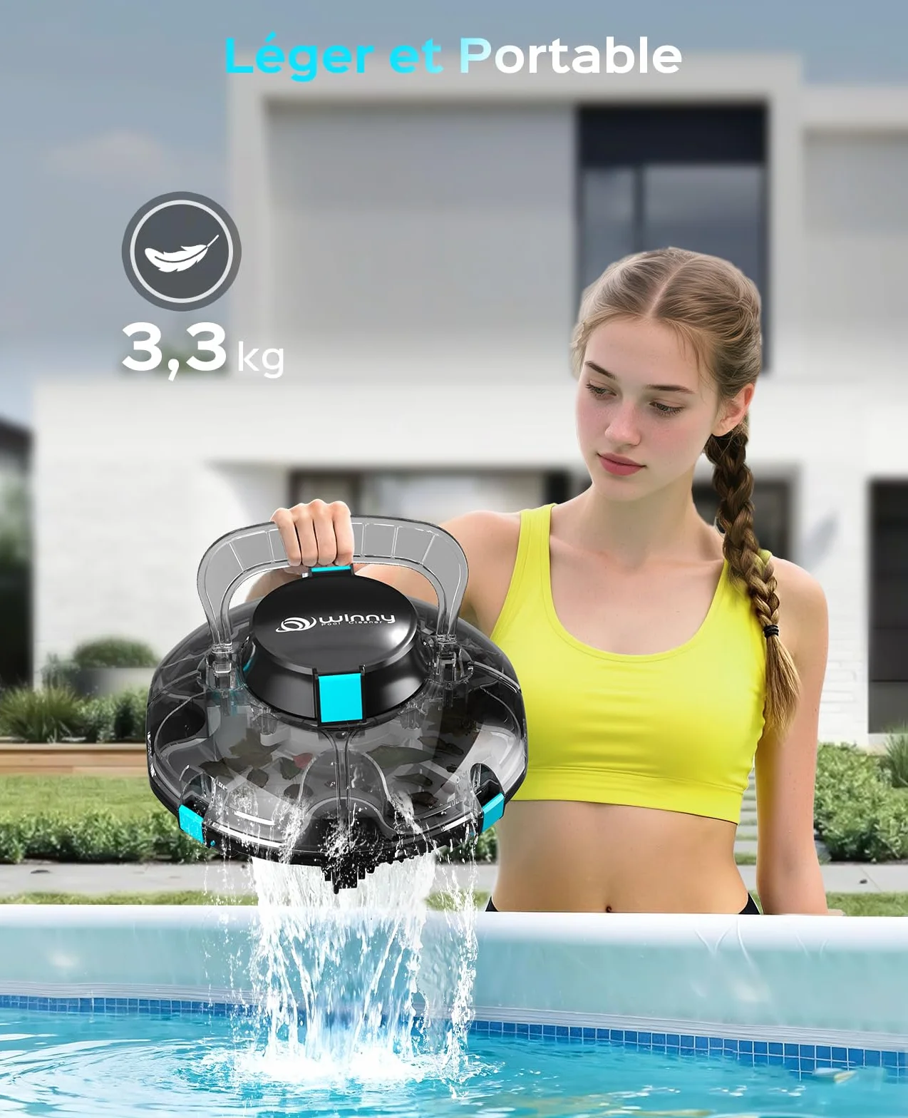 Winny 200P Robot Piscine sans Fil, Aspirateur Piscine Autonomie 80 Min, Double Filtration, Stationnement Automatique