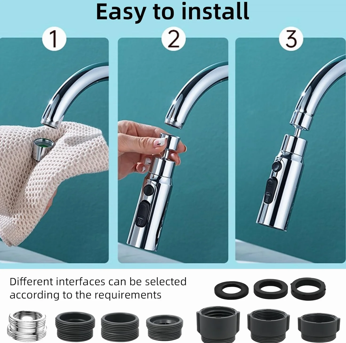 360° Rotatif Douchette Evier Cuisine 3 Modes Mousseur Robinet avec 7 Adaptateur Économiseur