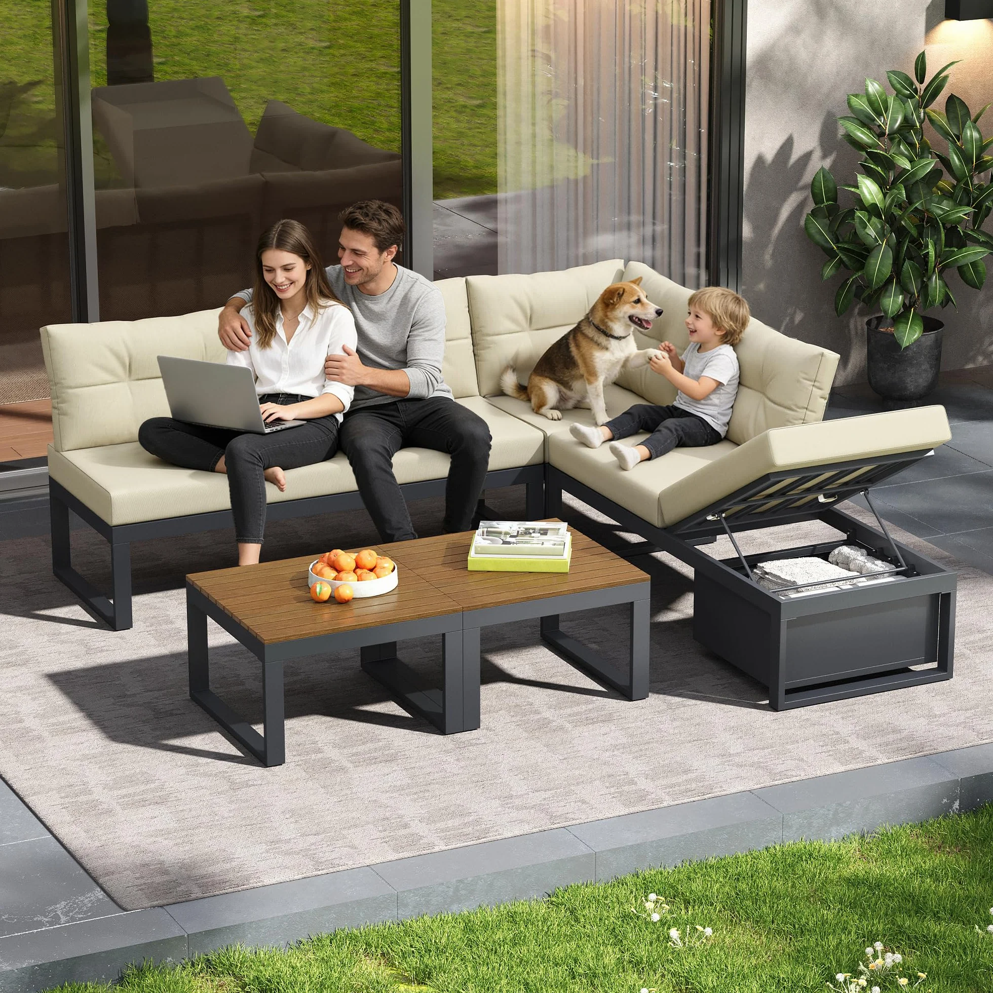 Sapgaks Salon de Jardin pour 6 Personnes,Ensemble de canapés de extérieur avec Dossier réglable sur 3 Niveaux,Canapé d'angle de Jardin avec Table,Espace de Rangement et Fonction d'inclinaison,Beige