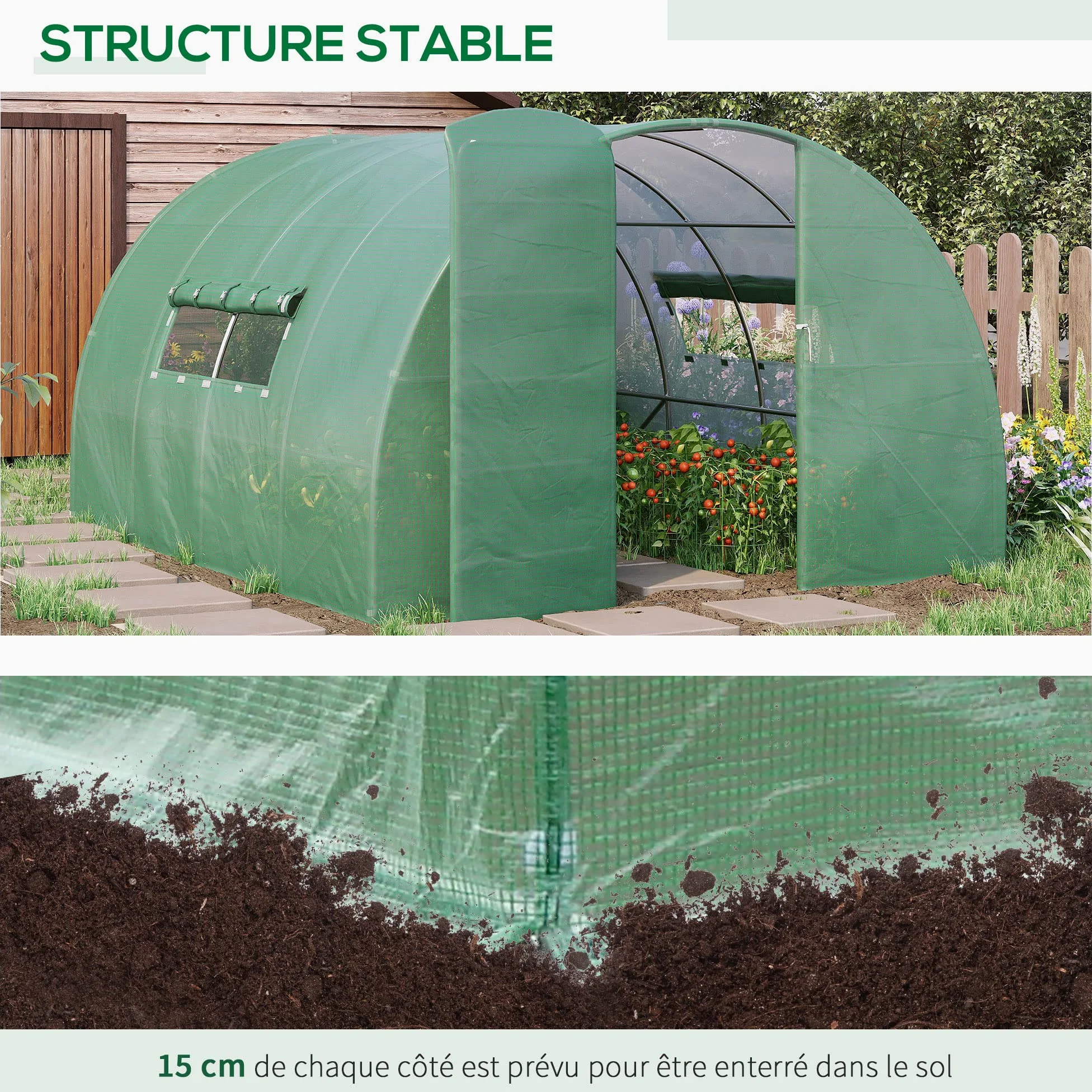 Outsunny Serre de Jardin Tunnel 12 m² 4L x 3l x 2H m Acier galvanisé renforcé + PE Haute densité fenêtres Porte Vert