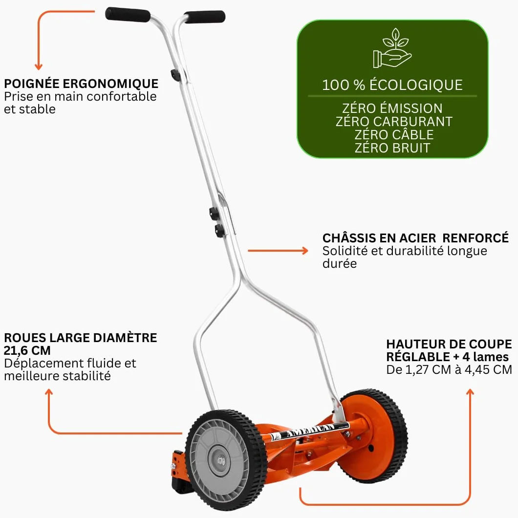 Tondeuse Manuelle Hélicoïdale Gazon 4 Lames 35 cm Hauteur Réglable VENTEO