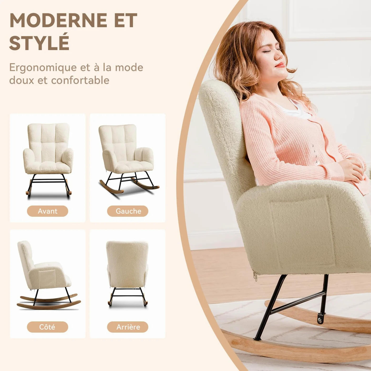 COMHOMA Fauteuil à Bascule, Fauteuil de Relaxation, avec accoudoirs, en Peluche Peluche, Charge maximale : 150 kg, Chaise Longue de Jardin pour Chambre, Beige avec Repose-Pieds