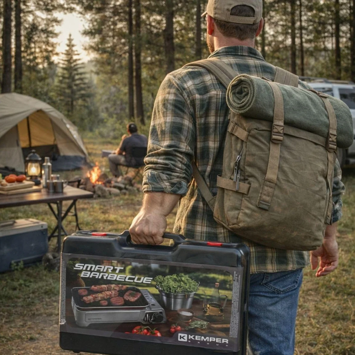 Kemper - Barbecue Portable à gaz 1900 W Grille Anti-adhésive + Mallette Transport + kit 16 Cartouches Butane Piézo Bac récupérateur