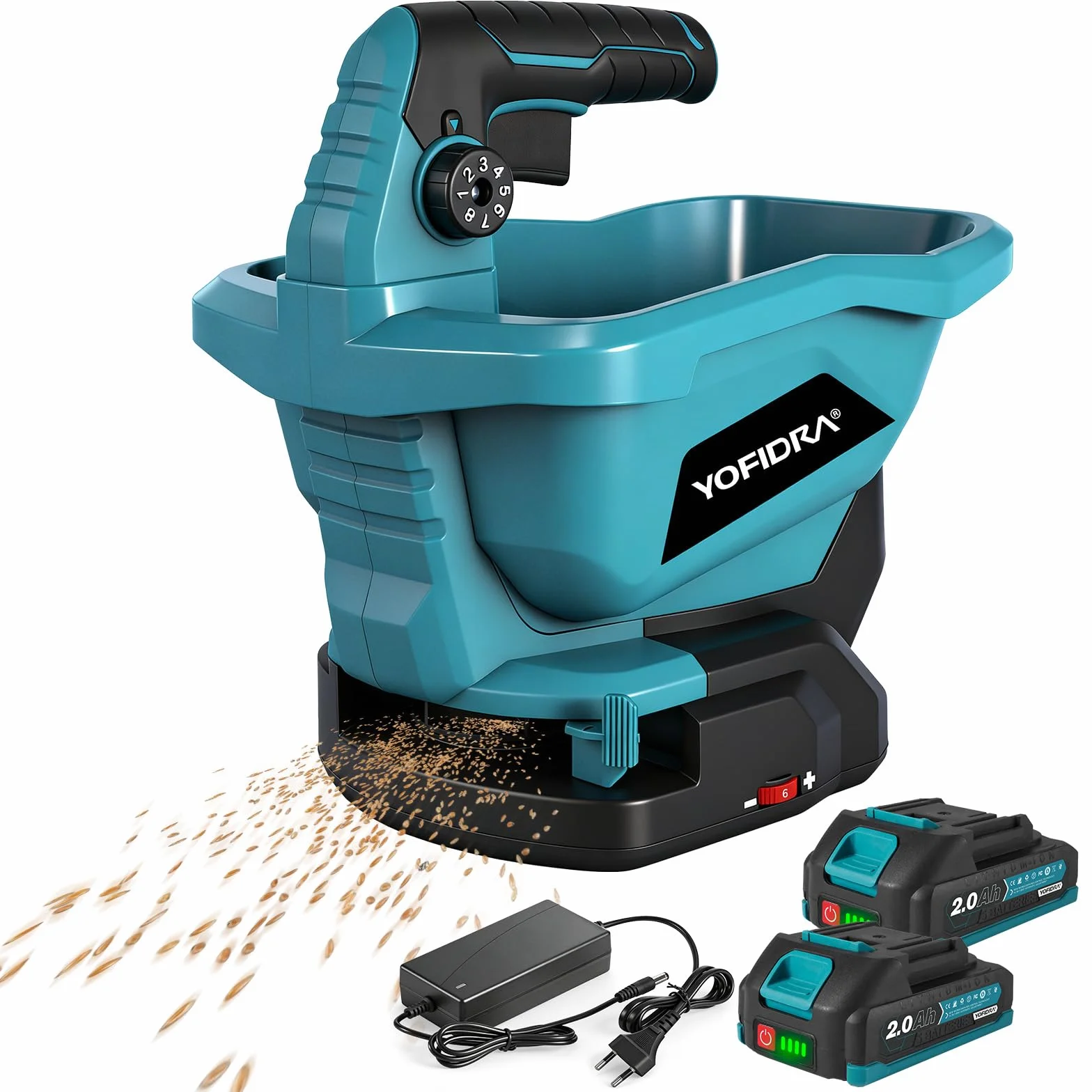 Yofidra Épandeur d'Engrais sans Fil - Épandeur Gazon avec 2 Batteries de 2,0 Ah, Épandeur Gazon, Capacité 3,3 L, 6 Vitesses, 8 Niveaux d'Épandage, Largeur 5 m, Couverture 800 m²